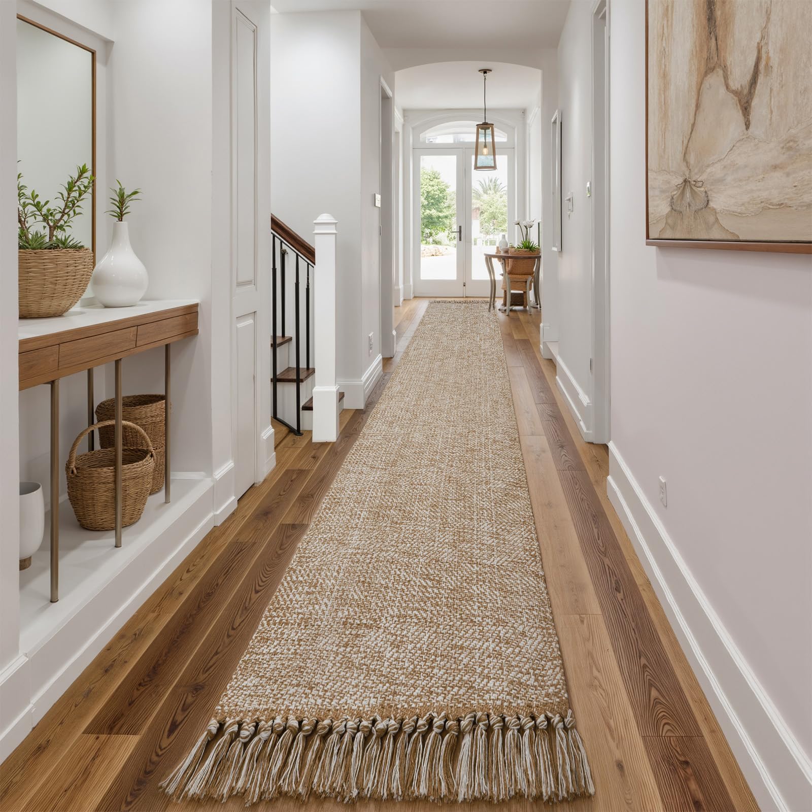 Collive Comfy Area Rug 4' x 6', Tan/Cream Woven Cotton Bedroom Rugs, Modern Indoor Accent Rug Floor Carpet with Tassel for Living Room, Nursery Room, Dining Room, Bedside, Office, Patio Decor