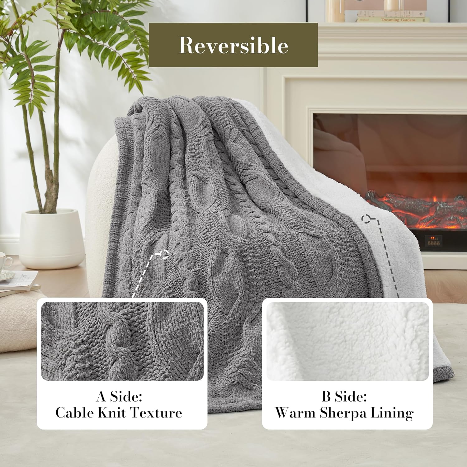 Amélie Home Cable Knit Throw Blanket for Couch, Chenille Sherpa Soft Cozy Throw Blankets for Sofa Chair Comfortable Home, 50"x60", Gray