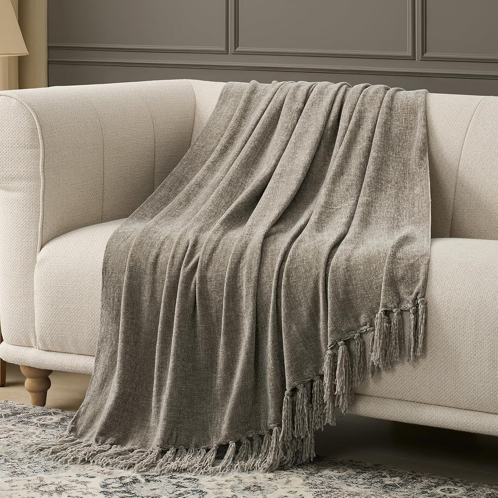 EverGrace Soft Chenille Bed Blanket Queen Size for Bed, Cozy Plush Fuzzy Lightweight Decorative Chenille Knit Throw Blanket with Tassels for Couch Sofa Gift Home Decor, Taupe 90"x90"
