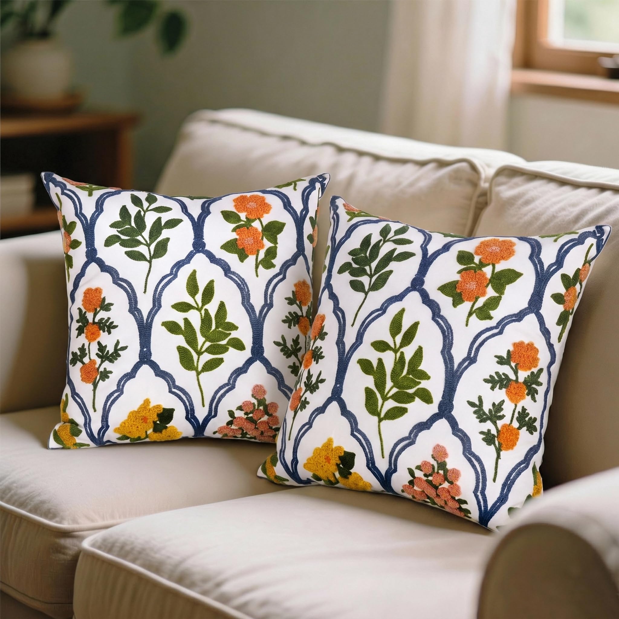 18 Inch Blue Floral Embroidered Cotton Pillow Covers Farmhouse Decor Set of 2