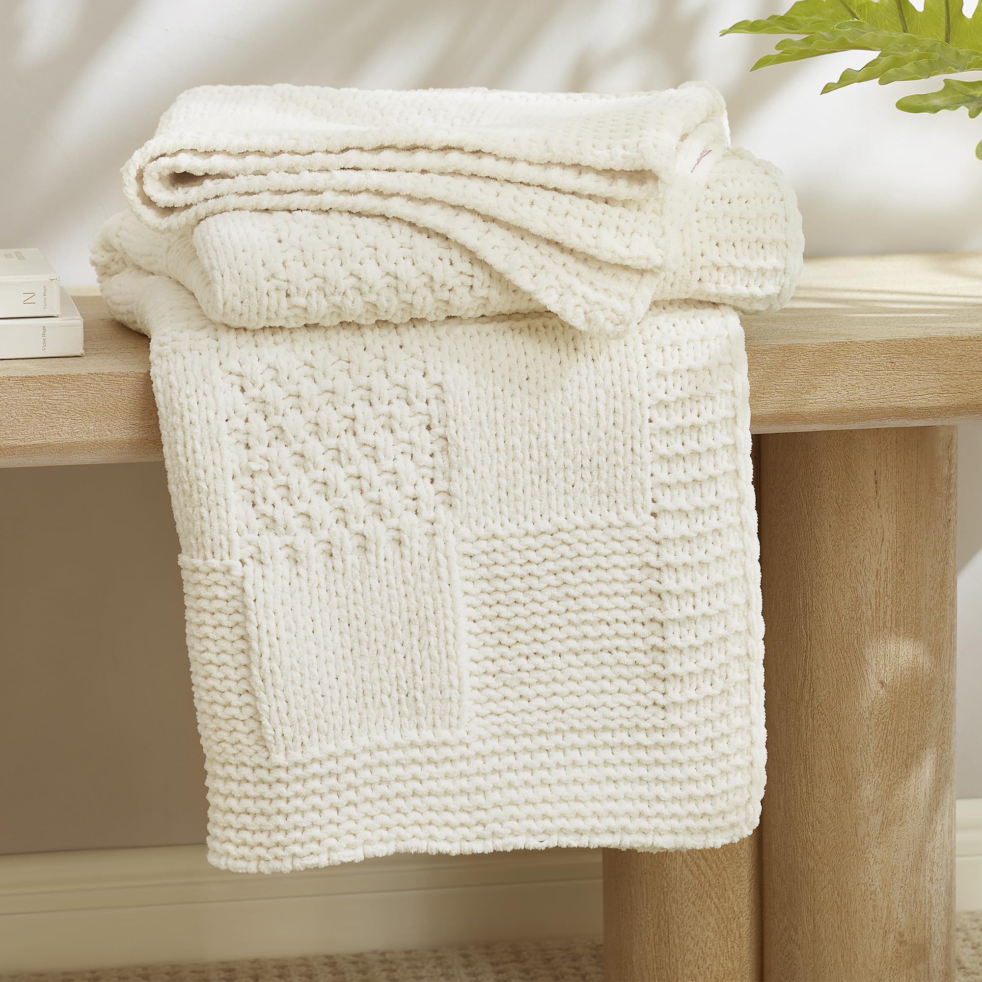 Sage Green Chunky Chenille Knit Throw Blanket 50x60 Inch Checkered Decor Blanket for Couch Bed