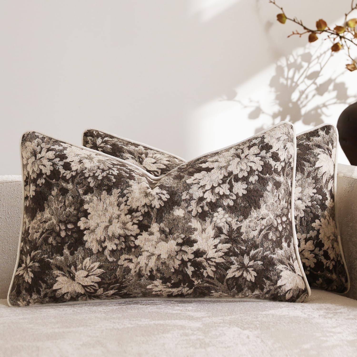 DEZENE Pack of 2 Vintage Floral Throw Pillow Covers 20x20 Boho Farmhouse Accents Chenille Square Decorative Pillow Cases for Living Room Couch Bed Home Decor, Dark Brown