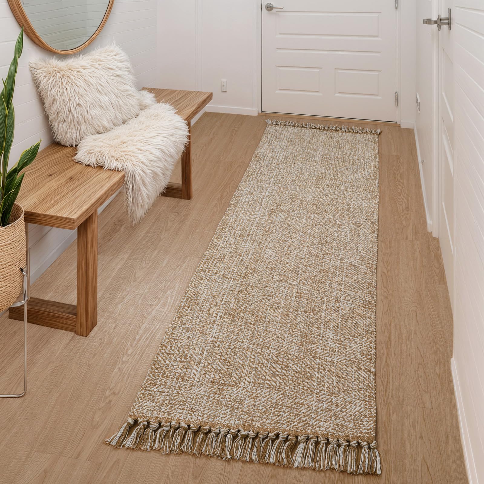 Collive Comfy Area Rug 4' x 6', Tan/Cream Woven Cotton Bedroom Rugs, Modern Indoor Accent Rug Floor Carpet with Tassel for Living Room, Nursery Room, Dining Room, Bedside, Office, Patio Decor