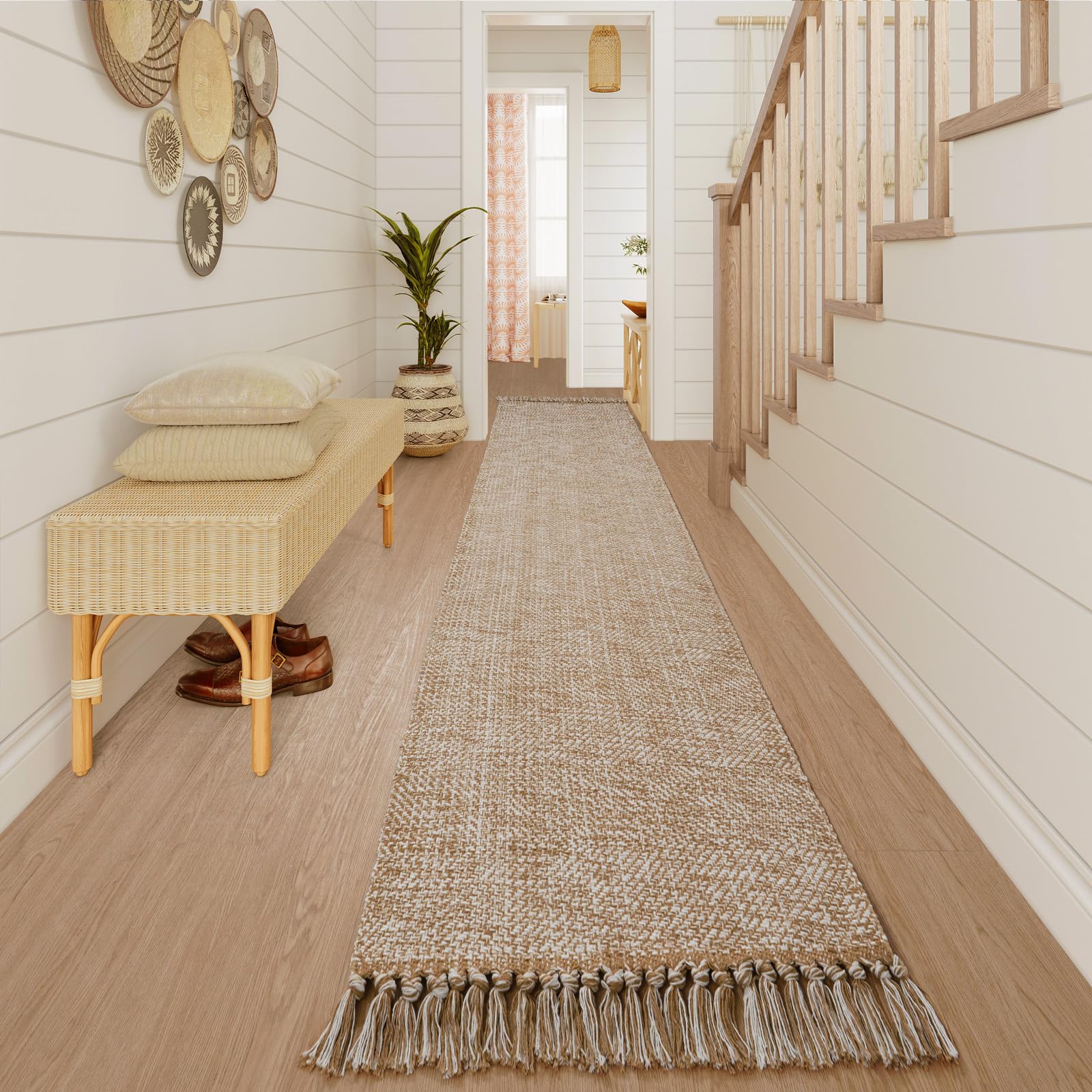Collive Comfy Area Rug 4' x 6', Tan/Cream Woven Cotton Bedroom Rugs, Modern Indoor Accent Rug Floor Carpet with Tassel for Living Room, Nursery Room, Dining Room, Bedside, Office, Patio Decor