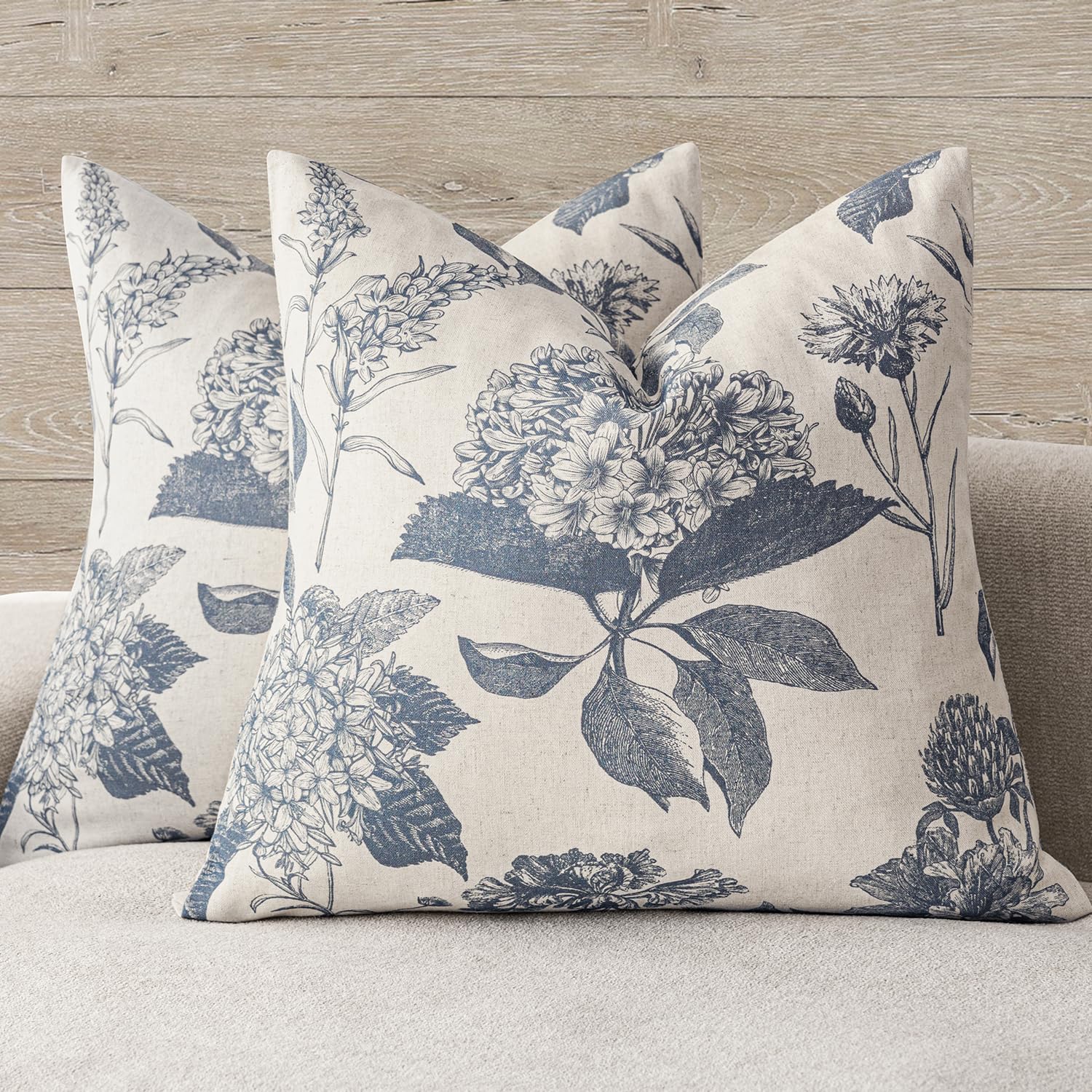 Foindtower Set of 2 Linen Floral Throw Pillow Covers Neutral Vintage Print Decorative Cushion Covers Farmhouse Boho Home Decor for Sofa Chair Couch Bedroom Living Room,22×22 Inch,Sage Green