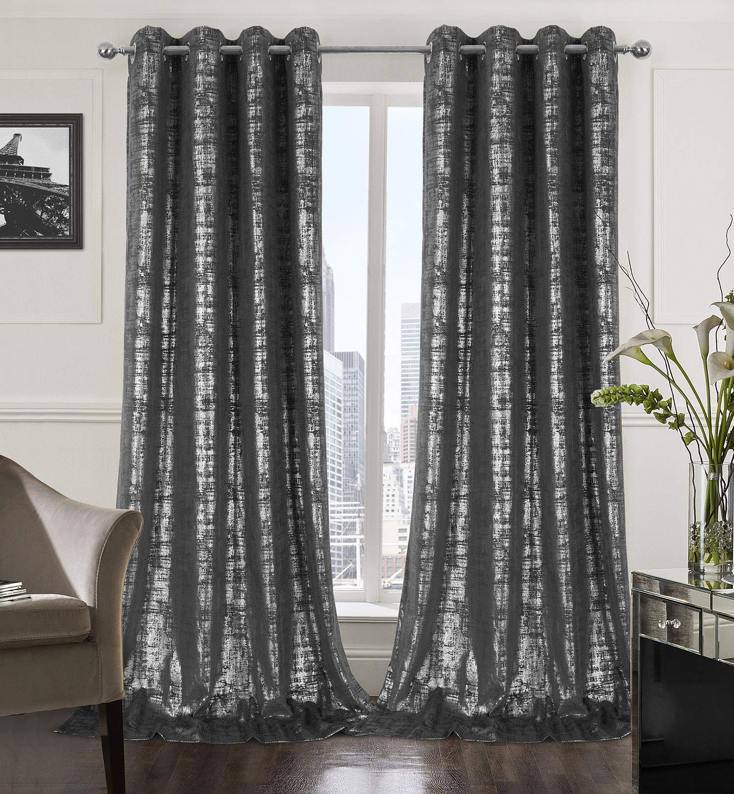 Mocha Velvet 108" Long Curtains with Gold Foil Print Set of 2 Luxury Window Treatments