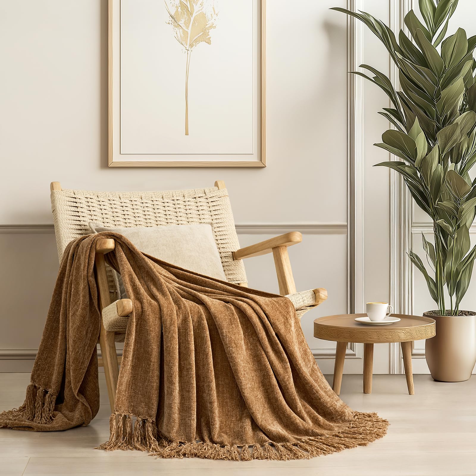 EverGrace Soft Chenille Bed Blanket Queen Size for Bed, Cozy Plush Fuzzy Lightweight Decorative Chenille Knit Throw Blanket with Tassels for Couch Sofa Gift Home Decor, Taupe 90"x90"