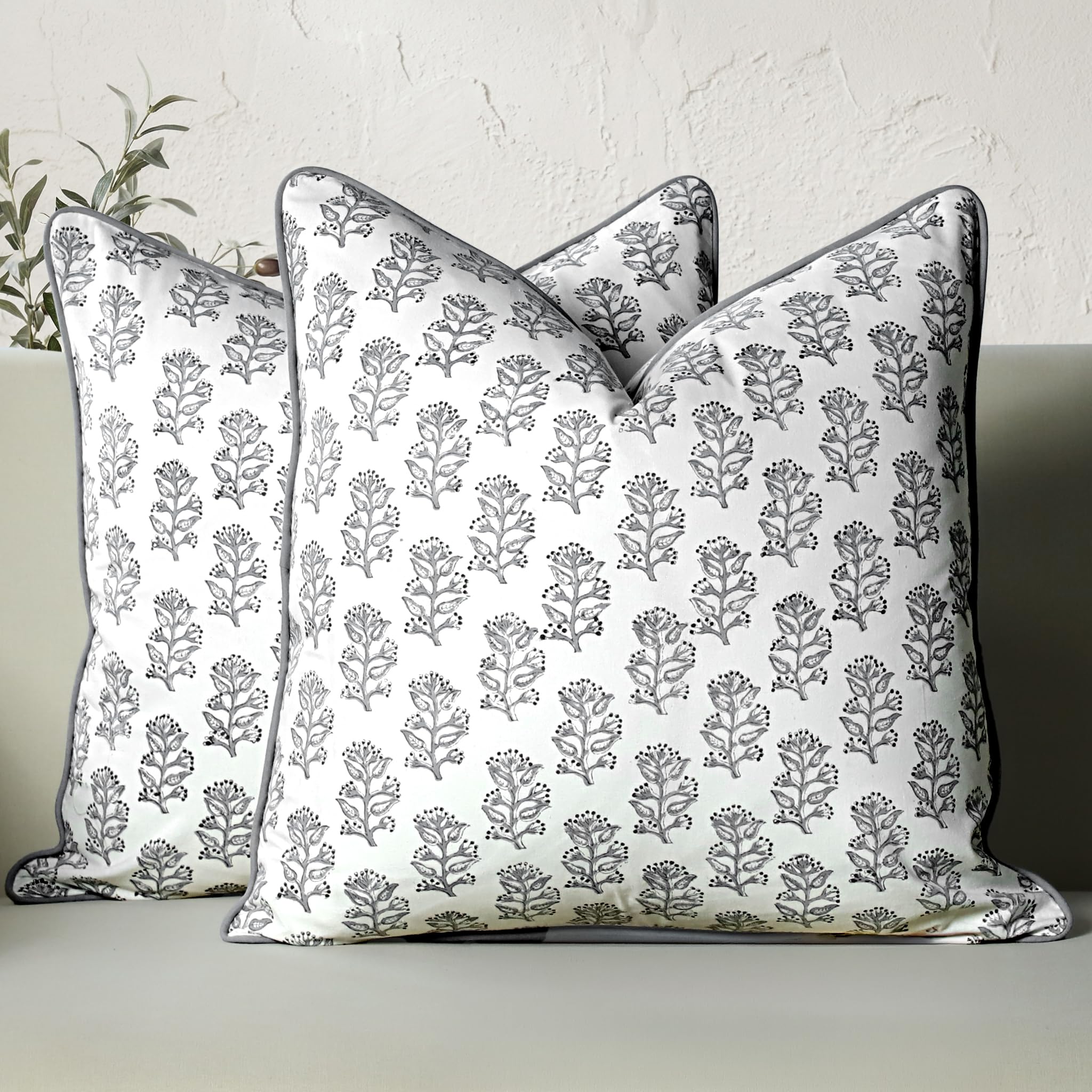 CPC 100% Cotton Throw Pillow Covers 24x24 Inch, Set of 2 Green Block Print Pattern Couch Pillow, Cute Boho Decorative Pillows for Living Room, Bedroom with Hidden Zipper- Emerald Green