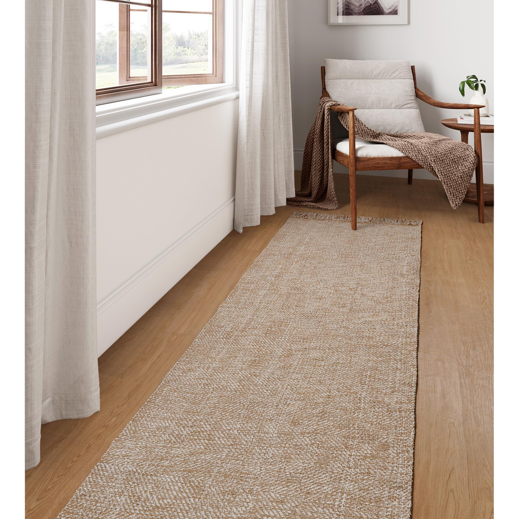 Collive Comfy Area Rug 4' x 6', Tan/Cream Woven Cotton Bedroom Rugs, Modern Indoor Accent Rug Floor Carpet with Tassel for Living Room, Nursery Room, Dining Room, Bedside, Office, Patio Decor