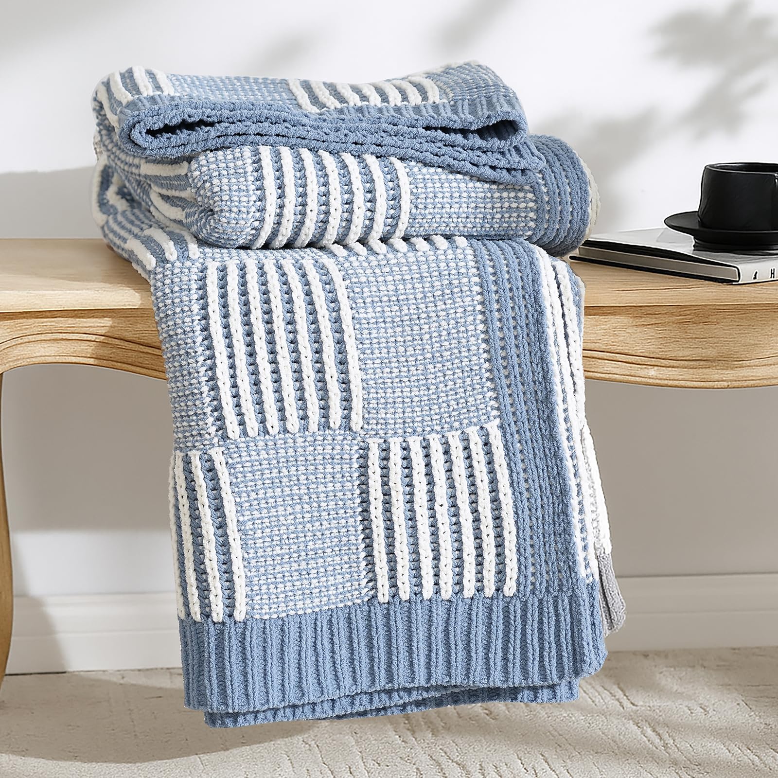 Sage Green Chunky Chenille Knit Throw Blanket 50x60 Inch Checkered Decor Blanket for Couch Bed