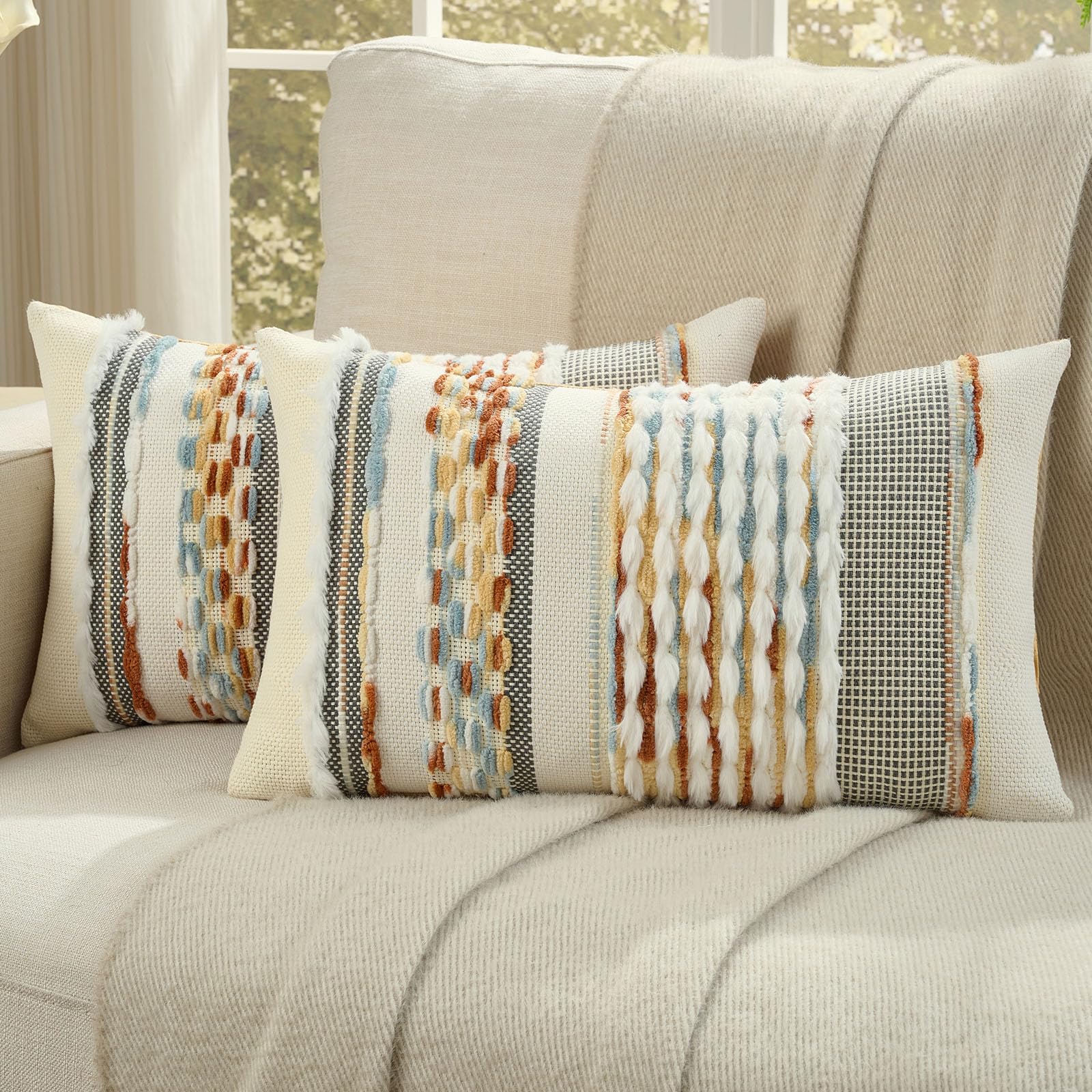 FUTEI Pack of 2 Boho Chenille Decorative Throw Pillow Covers 18x18 Inch Soft Plush Tufted Striped Textured Cushion Case,Farmhouse Accent for Couch Bed Living Room, Orange