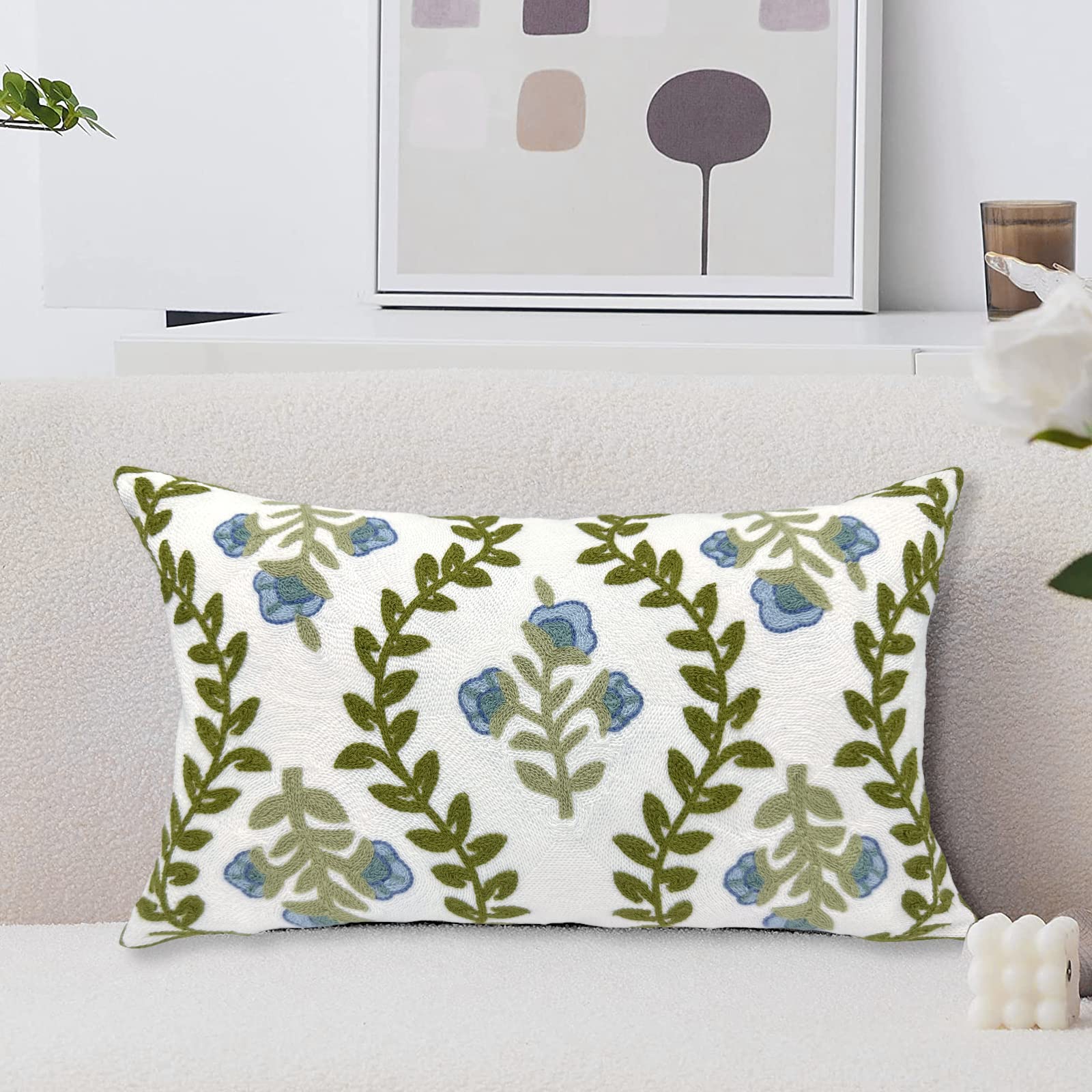 18 Inch Blue Floral Embroidered Cotton Pillow Covers Farmhouse Decor Set of 2