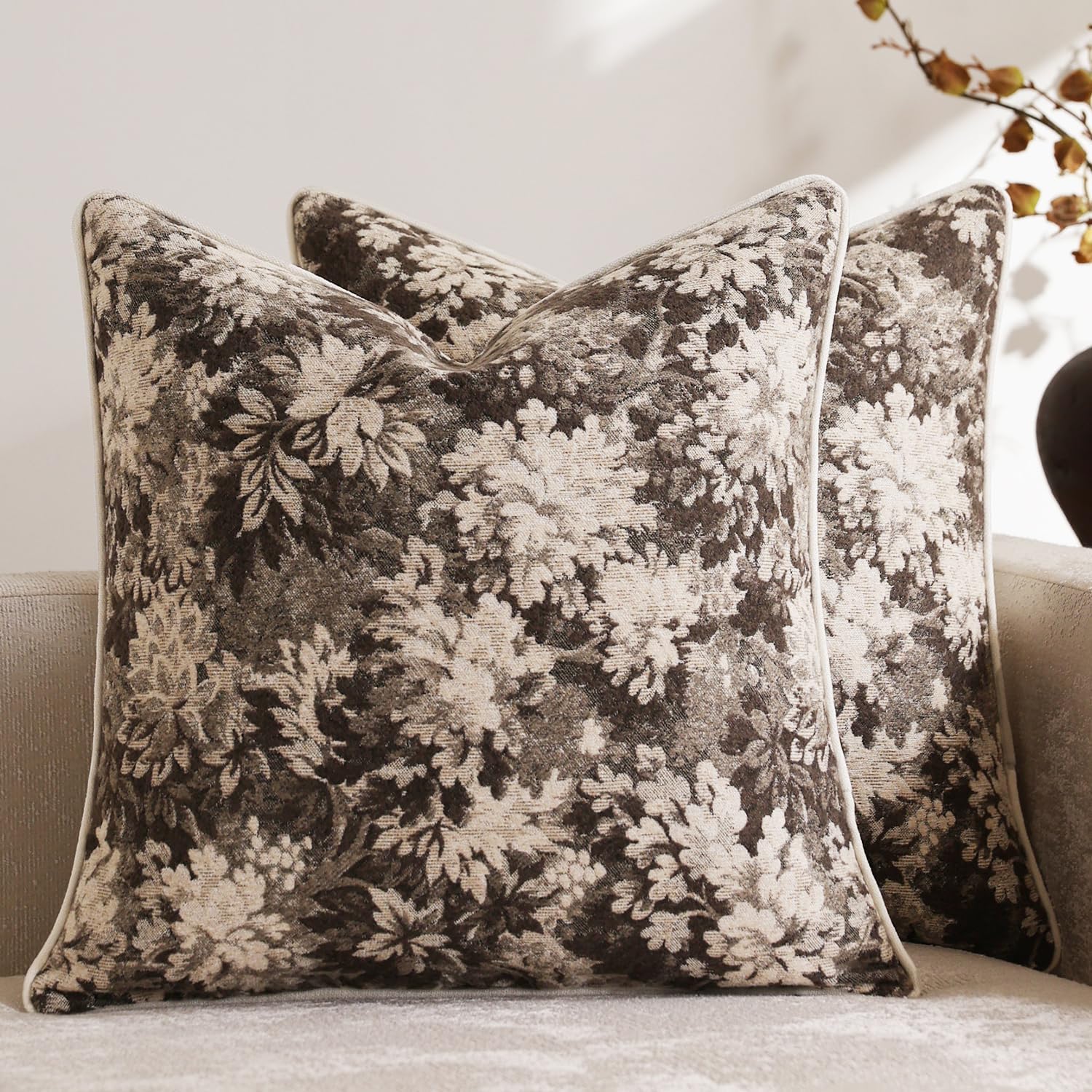 DEZENE Pack of 2 Vintage Floral Throw Pillow Covers 20x20 Boho Farmhouse Accents Chenille Square Decorative Pillow Cases for Living Room Couch Bed Home Decor, Dark Brown