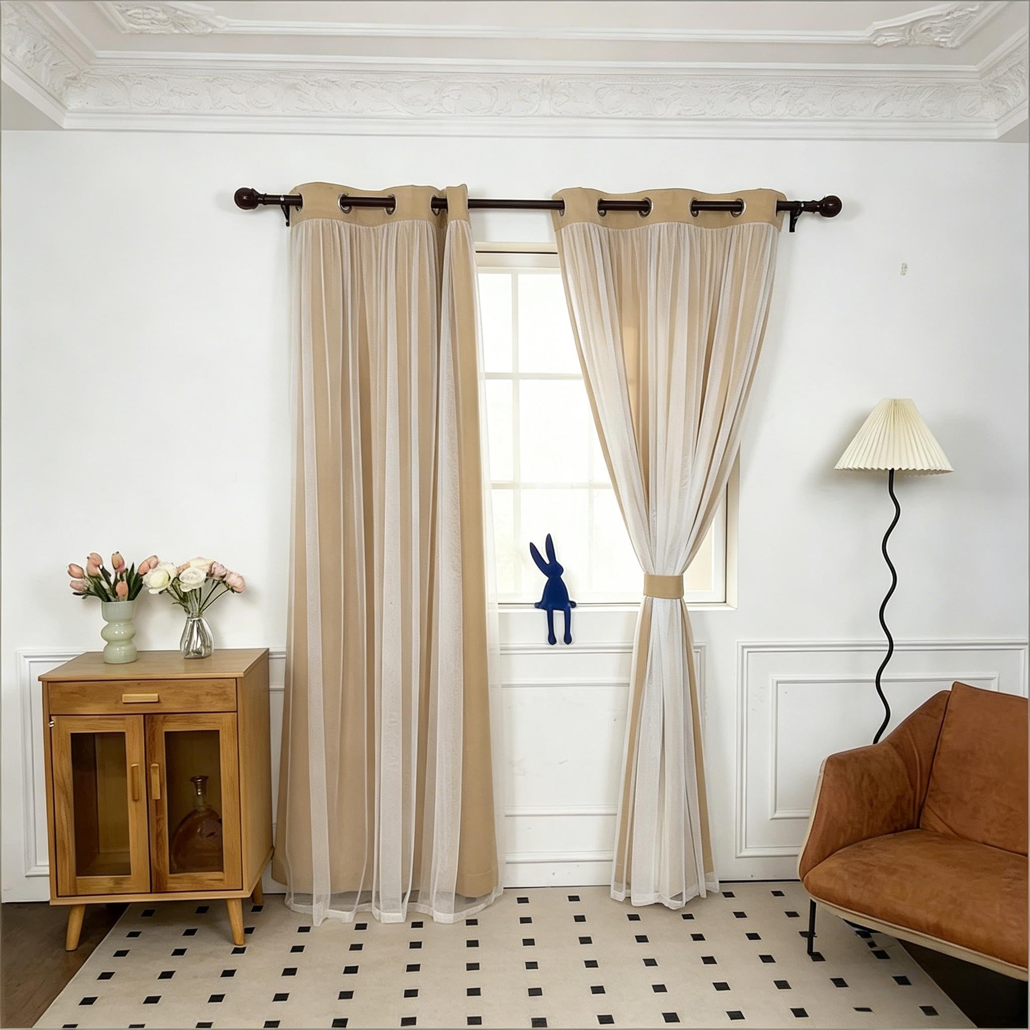INLINAS Beige Blackout Curtains with Sheer Overlay - Grommet Top Thermal and Noise Reduction Panels for Bedroom and Living Room Light Blocking and Energy Saving, 52 x 84 Inches, Set of 2