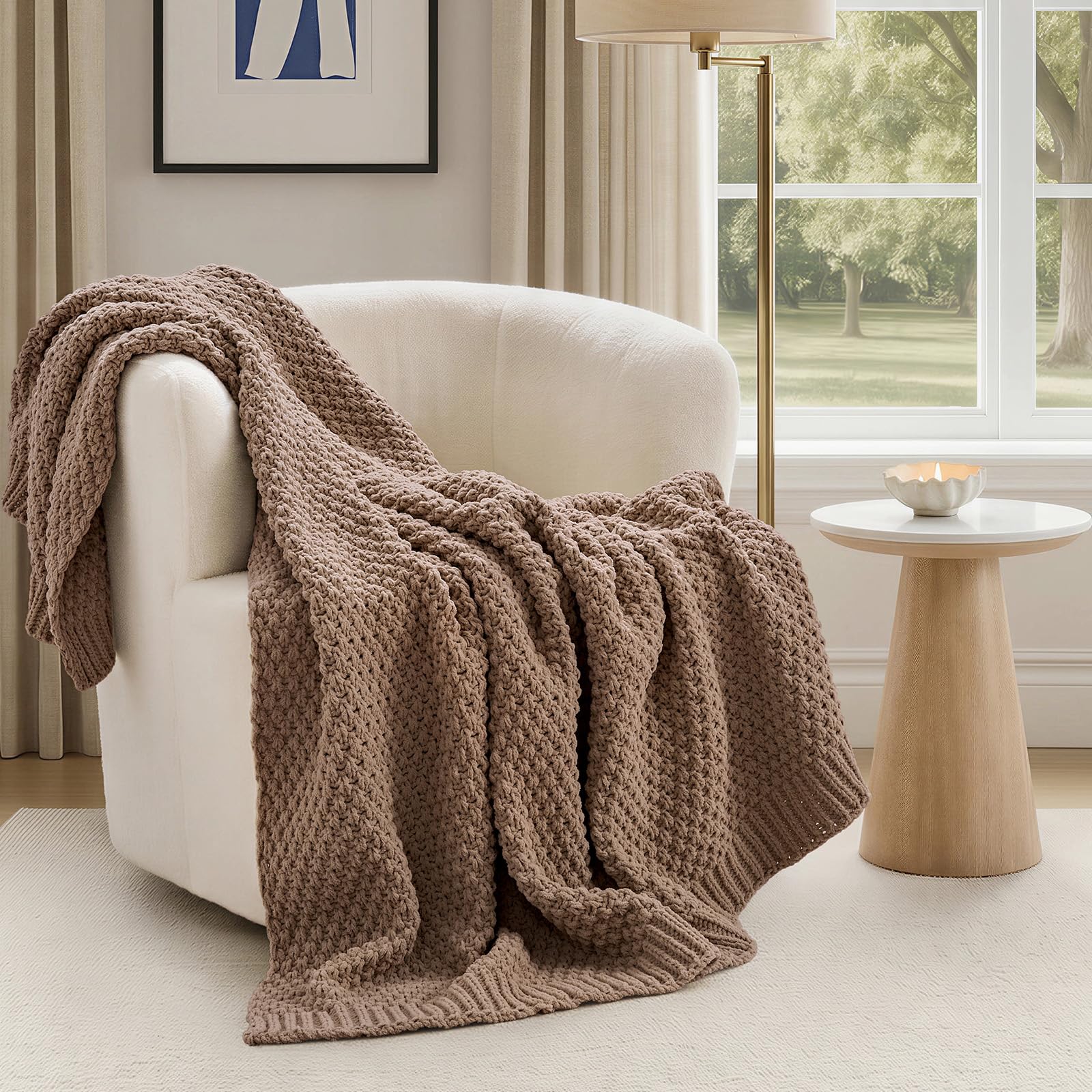 EVERGRACEHOME Chunky Chenille Knit Throw Blanket for Couch, Soft Luxurious Moss Stitch Blankets for Bed, Cozy Decorative Farmhouse Knitted Throws for Sofa, Mocha Brown, 50" x 60"