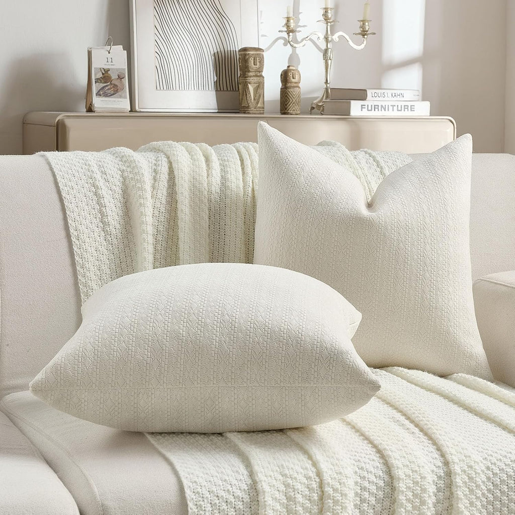 FUTEI Pack of 2 Solid Chenille Throw Pillow Covers 18x18 Inch Soft Farmhouse Decorative Accent Cushion Cases Modern Home Decor for Couch Living Room, Cream