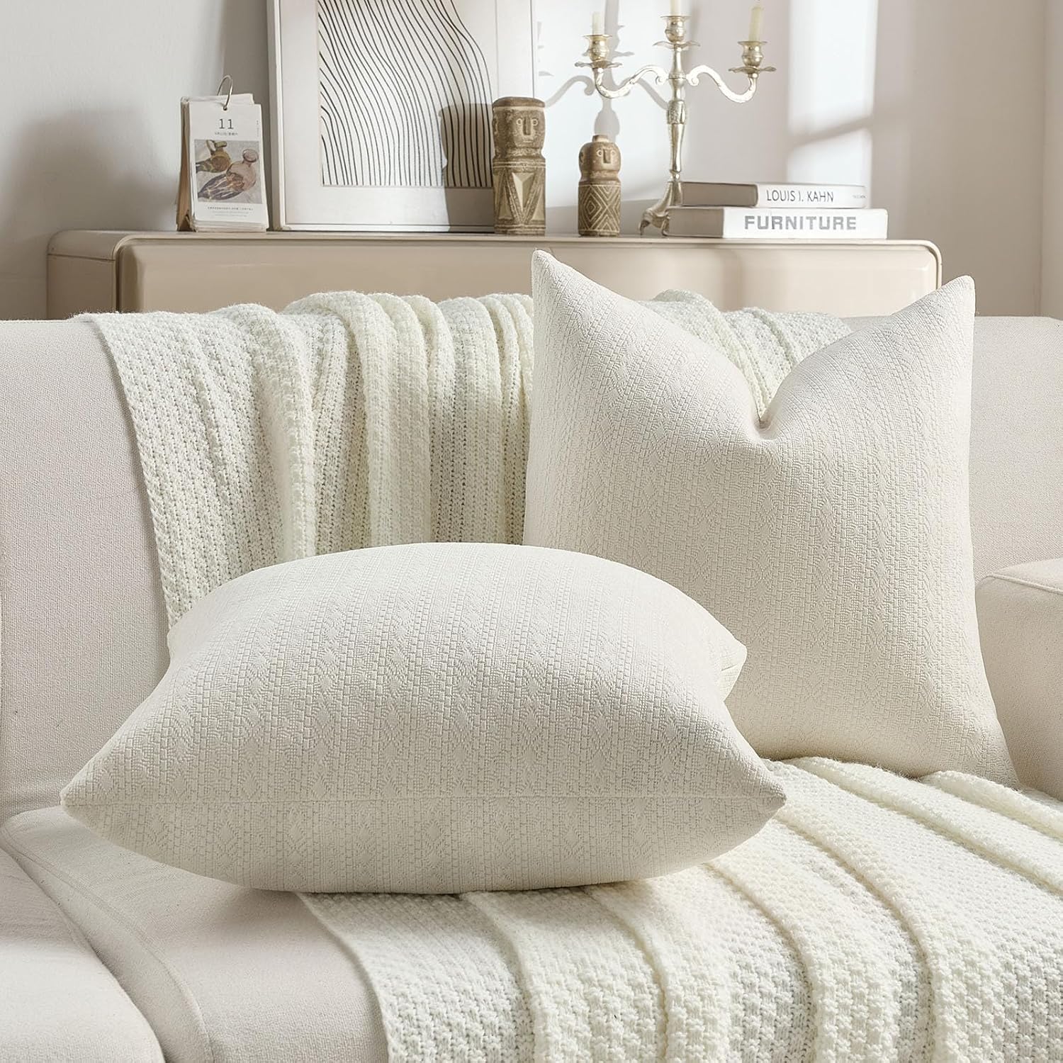 FUTEI Pack of 2 Solid Chenille Throw Pillow Covers 18x18 Inch Soft Farmhouse Decorative Accent Cushion Cases Modern Home Decor for Couch Living Room, Cream