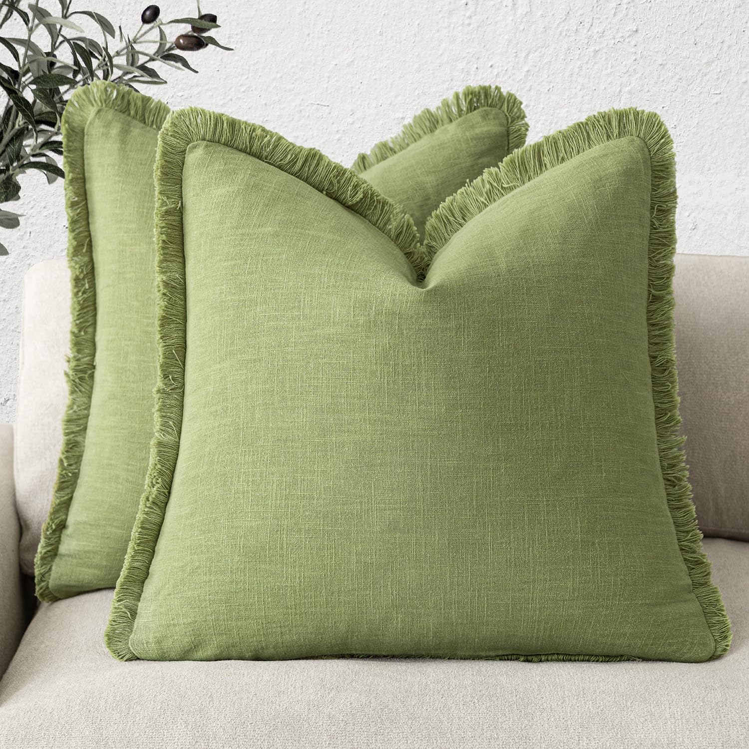 Foindtower Set of 2 Decorative Linen Fringe Throw Pillow Covers Boho Farmhouse Cushion Cover with Tassels Soft Accent Pillowcase for Couch Chair Sofa Bed Living Room Home Decor,20×20 Inch,Sky Blue