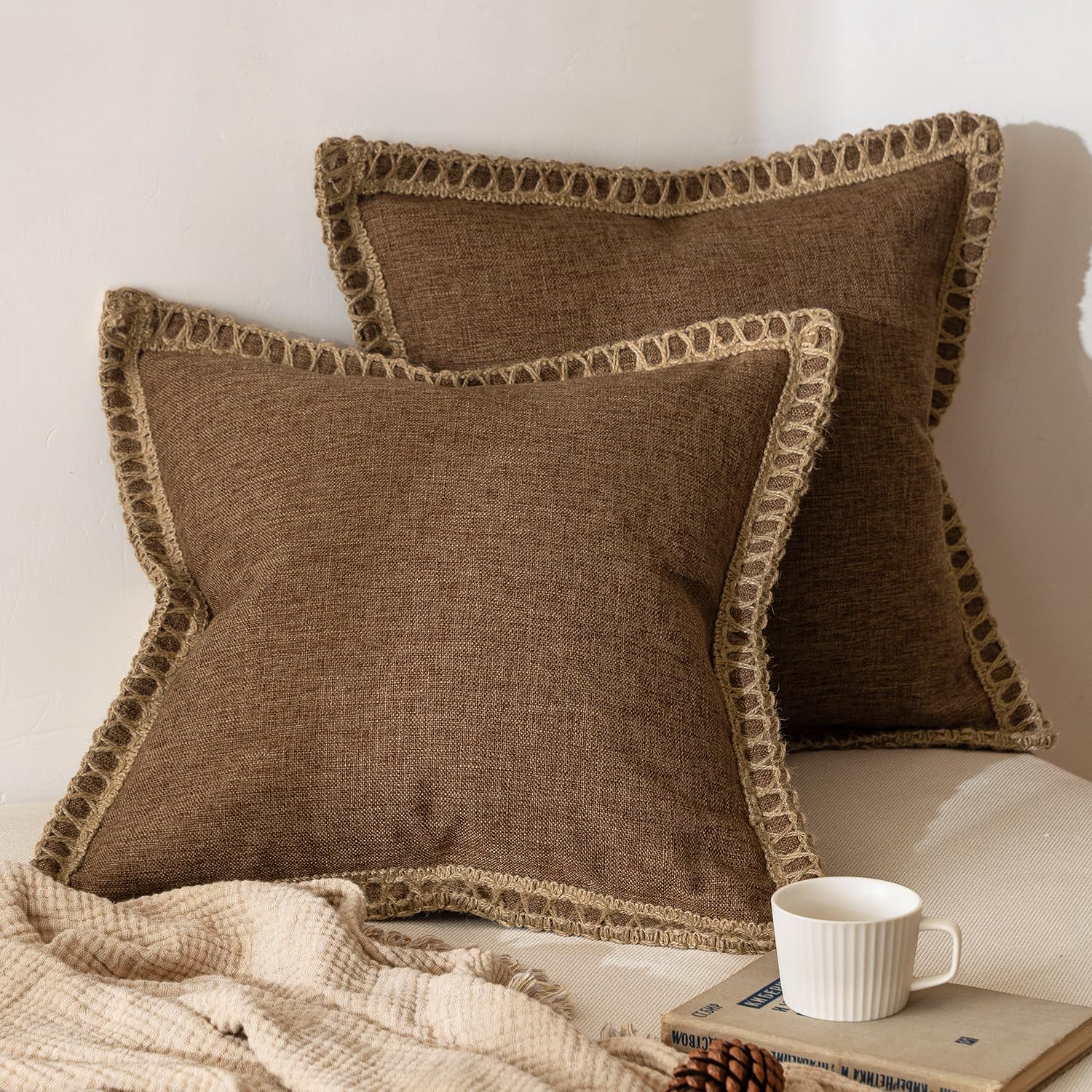 MIULEE Pack of 2 Decorative Throw Pillow Covers Modern Farmhouse Outdoor Pillow Covers Neutral Linen Burlap Cushions for Couch Bed Living Room Sofa, Natural White 18 x 18 inches 45 x 45 cm