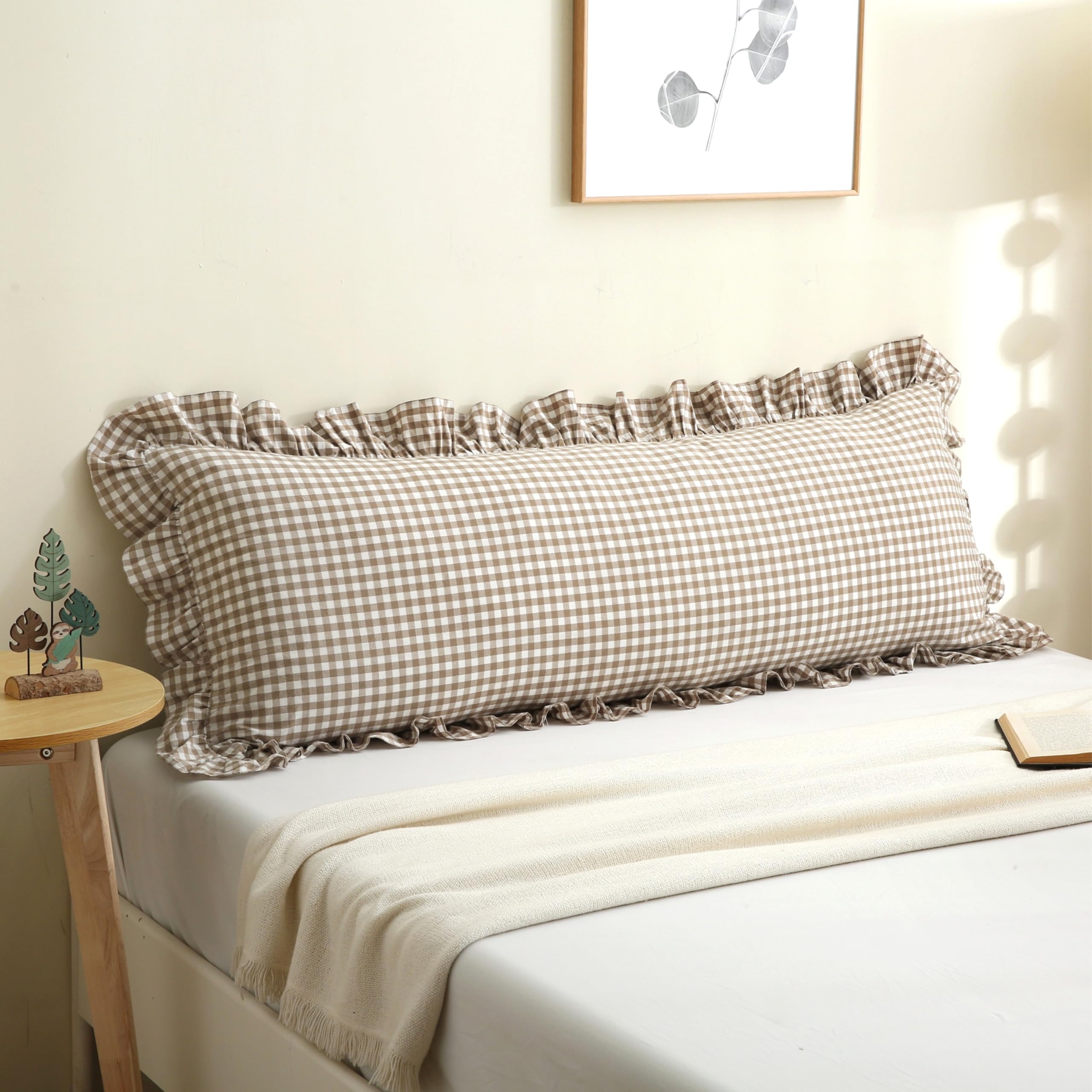 18x18 Taupe White Checkered Cotton Pillow Covers Ruffle Trim Zipper Decor Cushion Cases Set of 2
