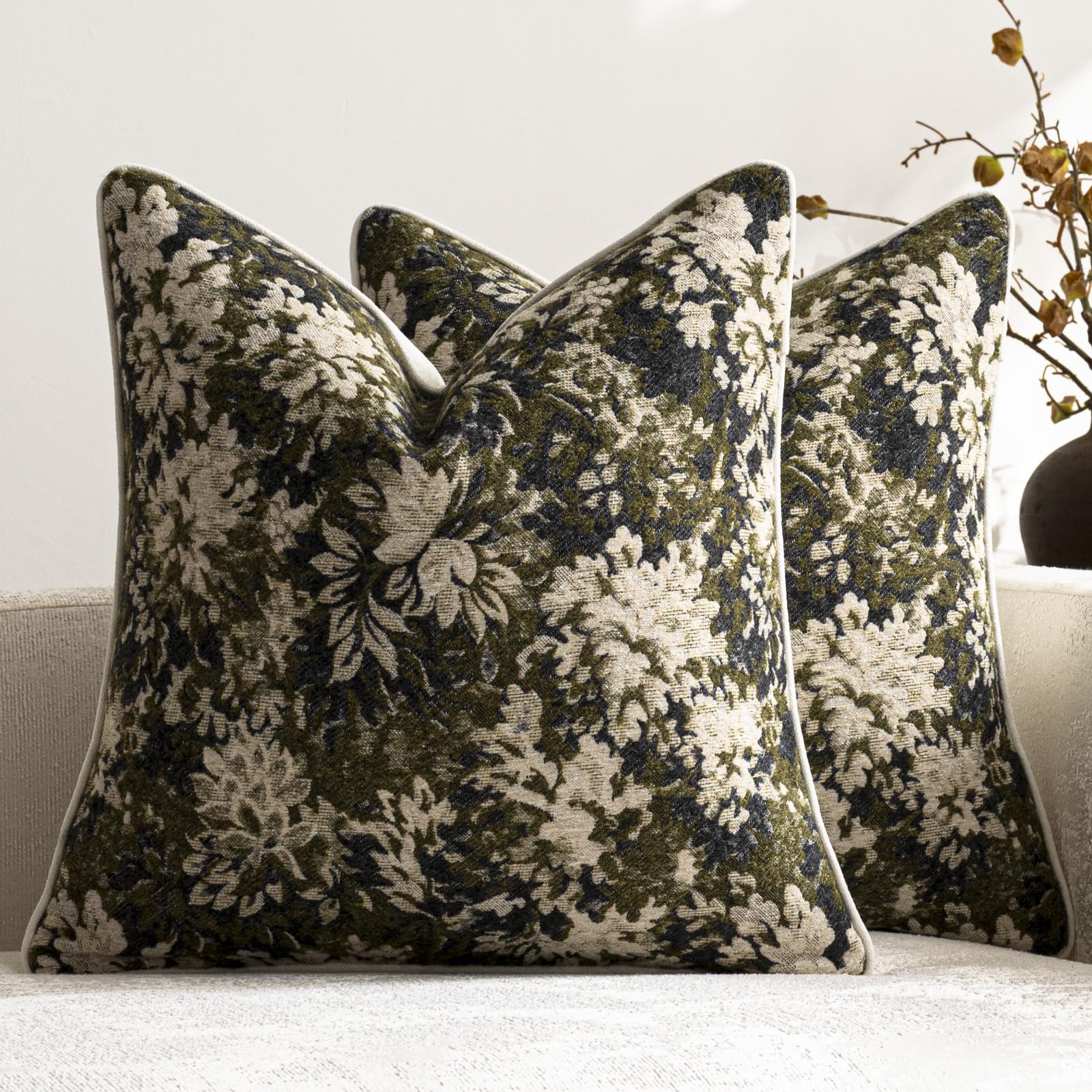 DEZENE Pack of 2 Vintage Floral Throw Pillow Covers 20x20 Boho Farmhouse Accents Chenille Square Decorative Pillow Cases for Living Room Couch Bed Home Decor, Dark Brown
