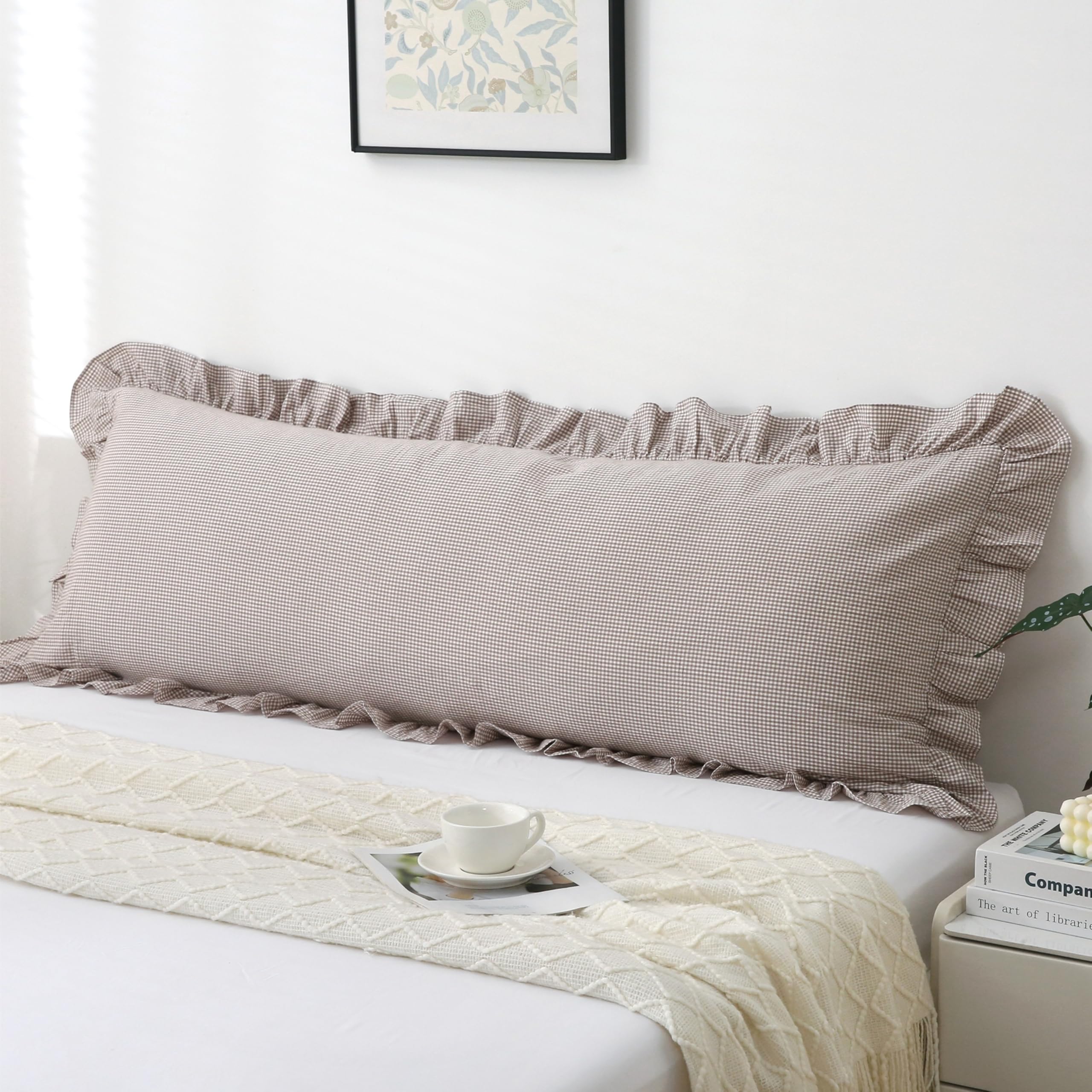 18x18 Taupe White Checkered Cotton Pillow Covers Ruffle Trim Zipper Decor Cushion Cases Set of 2