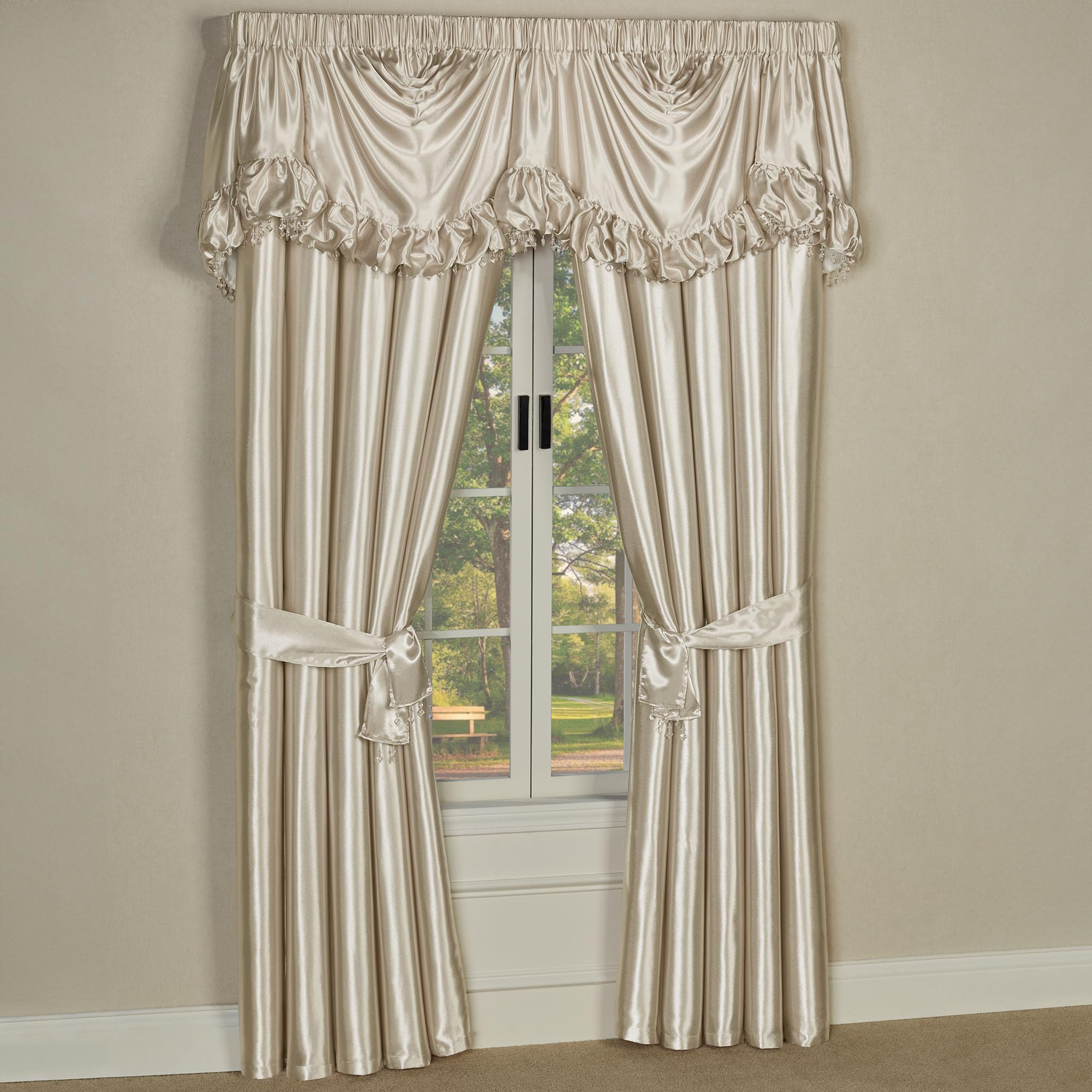 Touch of Class Portia Luxury Window Treatment | Rich Smoky Topaz | Premier Smooth Polyester Satin Elegant 2 Piece Lined Window Drapery Set with Empire Valance and 84 Inch Long Curtain Pair