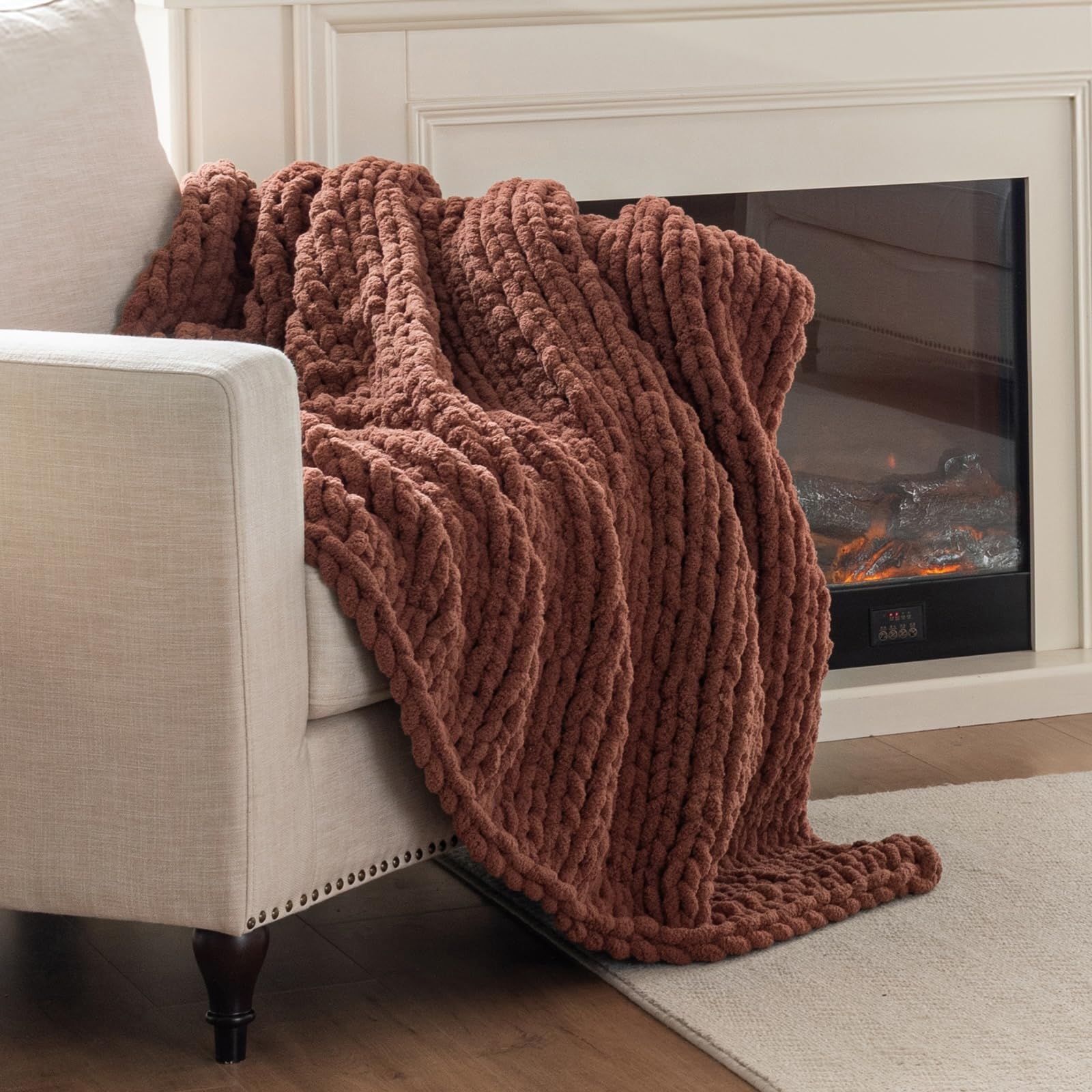 Chunky Knit Blanket Throw, 100% Hand Knit Throw Blanket Handmade Chenille Cable Knit Throw for Couch, Stylish Cozy Soft Rope Knot Crochet Blanket for Home Decor, Beige Linen, 50x60 Inches