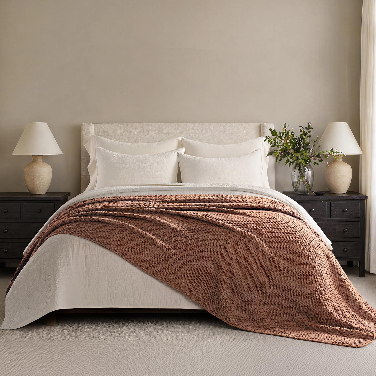 EVERGRACEHOME Chunky Chenille Knit Throw Blanket for Couch, Soft Luxurious Moss Stitch Blankets for Bed, Cozy Decorative Farmhouse Knitted Throws for Sofa, Mocha Brown, 50" x 60"