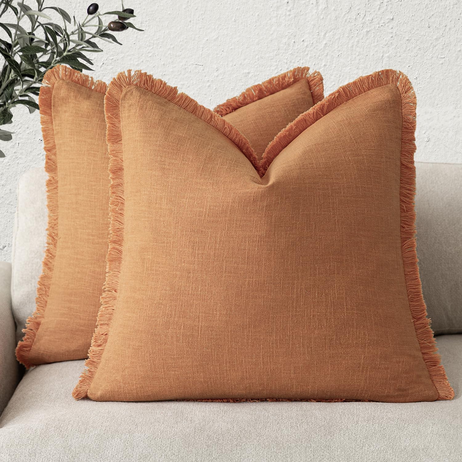 Foindtower Set of 2 Decorative Linen Fringe Throw Pillow Covers Boho Farmhouse Cushion Cover with Tassels Soft Accent Pillowcase for Couch Chair Sofa Bed Living Room Home Decor,20×20 Inch,Sky Blue
