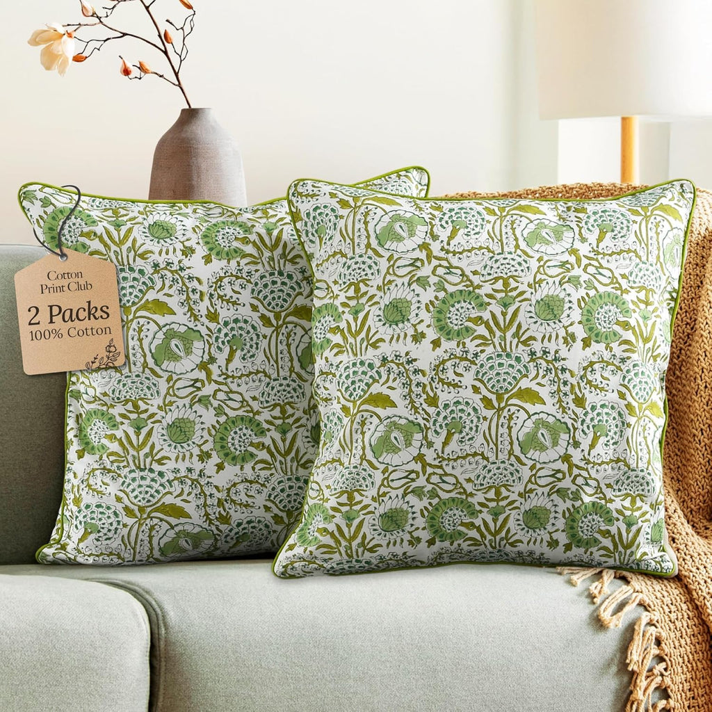 CPC 100% Cotton Throw Pillow Covers 24x24 Inch, Set of 2 Green Block Print Pattern Couch Pillow, Cute Boho Decorative Pillows for Living Room, Bedroom with Hidden Zipper- Emerald Green