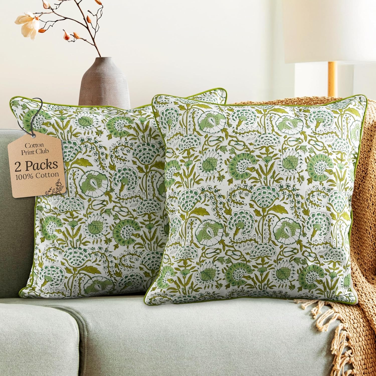 CPC 100% Cotton Throw Pillow Covers 24x24 Inch, Set of 2 Green Block Print Pattern Couch Pillow, Cute Boho Decorative Pillows for Living Room, Bedroom with Hidden Zipper- Emerald Green