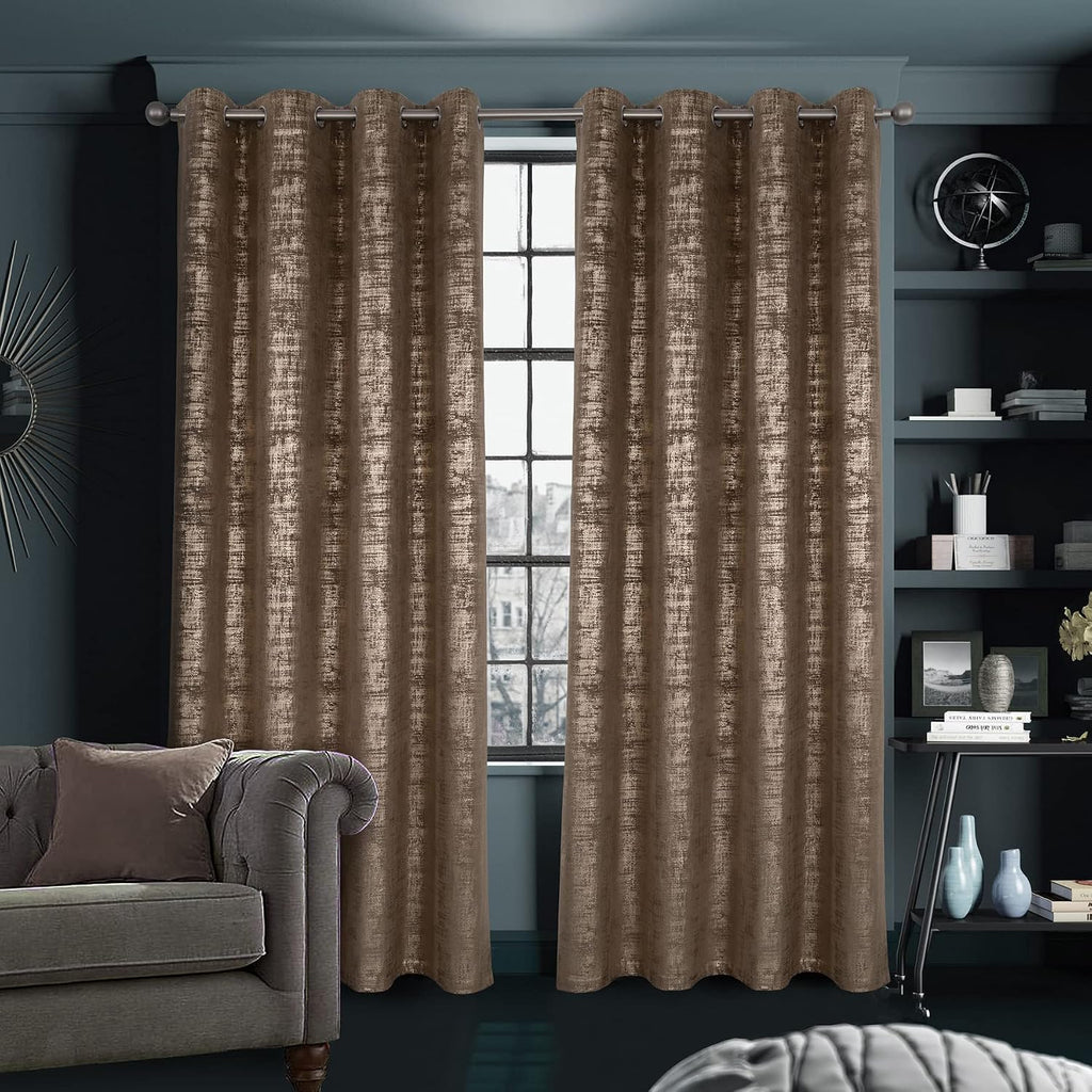 Mocha Velvet 108" Long Curtains with Gold Foil Print Set of 2 Luxury Window Treatments