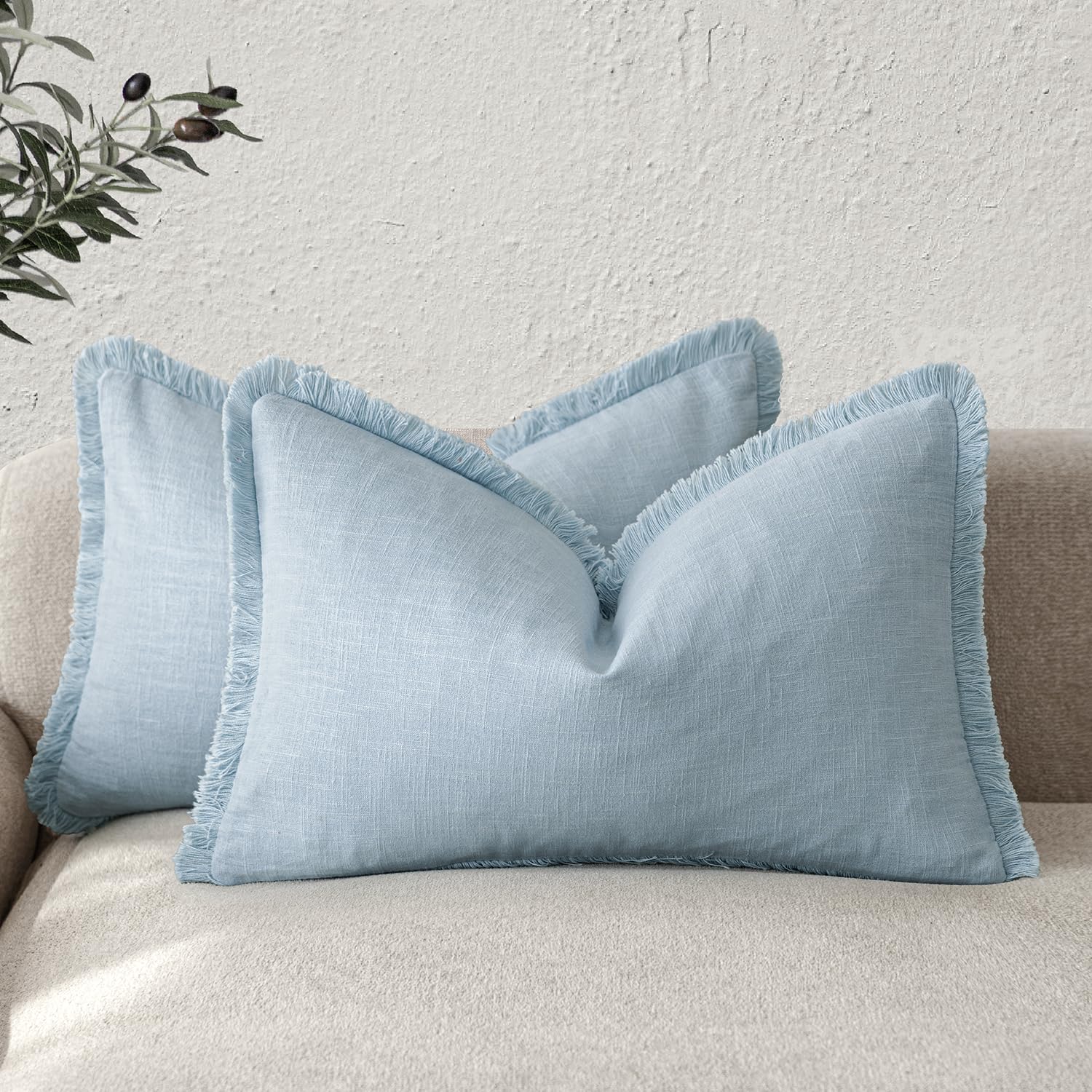 Foindtower Set of 2 Decorative Linen Fringe Throw Pillow Covers Boho Farmhouse Cushion Cover with Tassels Soft Accent Pillowcase for Couch Chair Sofa Bed Living Room Home Decor,20×20 Inch,Sky Blue
