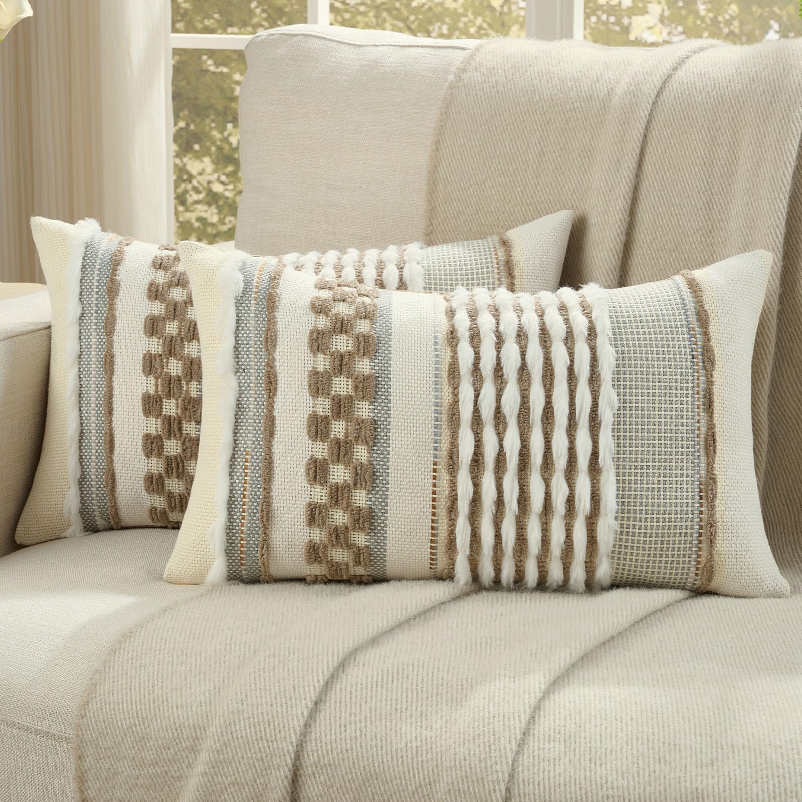 FUTEI Pack of 2 Boho Chenille Decorative Throw Pillow Covers 18x18 Inch Soft Plush Tufted Striped Textured Cushion Case,Farmhouse Accent for Couch Bed Living Room, Orange