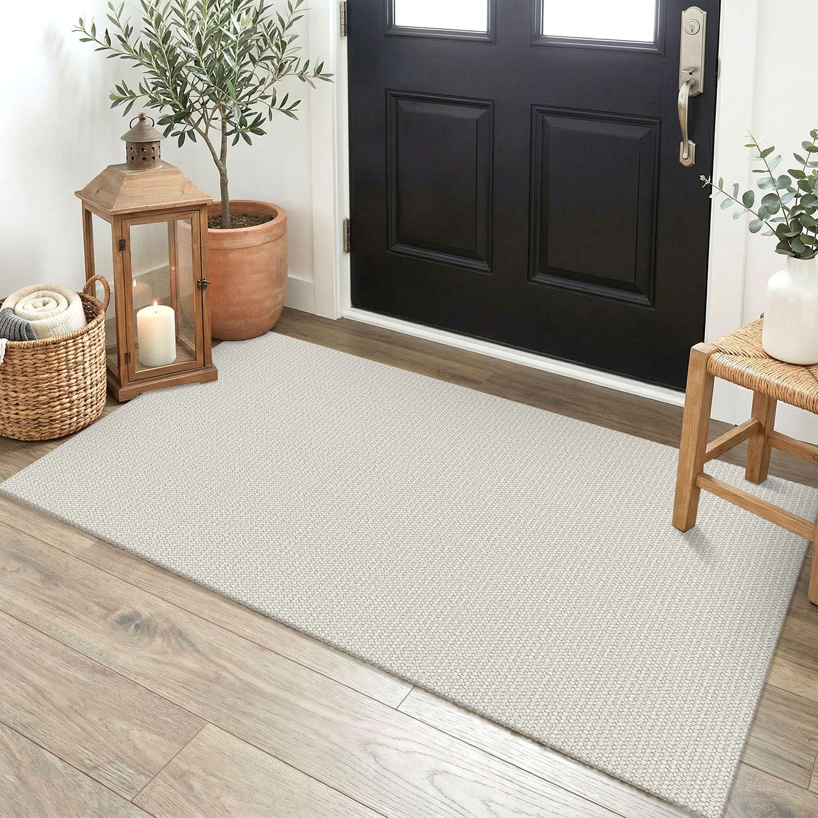 EARTHALL Washable Area Rug 4x6 Ft Non Slip Rugs for Entryway Braided Rubber Backed Bedroom Carpet Cotton Entry Rug Woven Floor Carpets for Bedroom Dining Room Living Room, Send/Beige