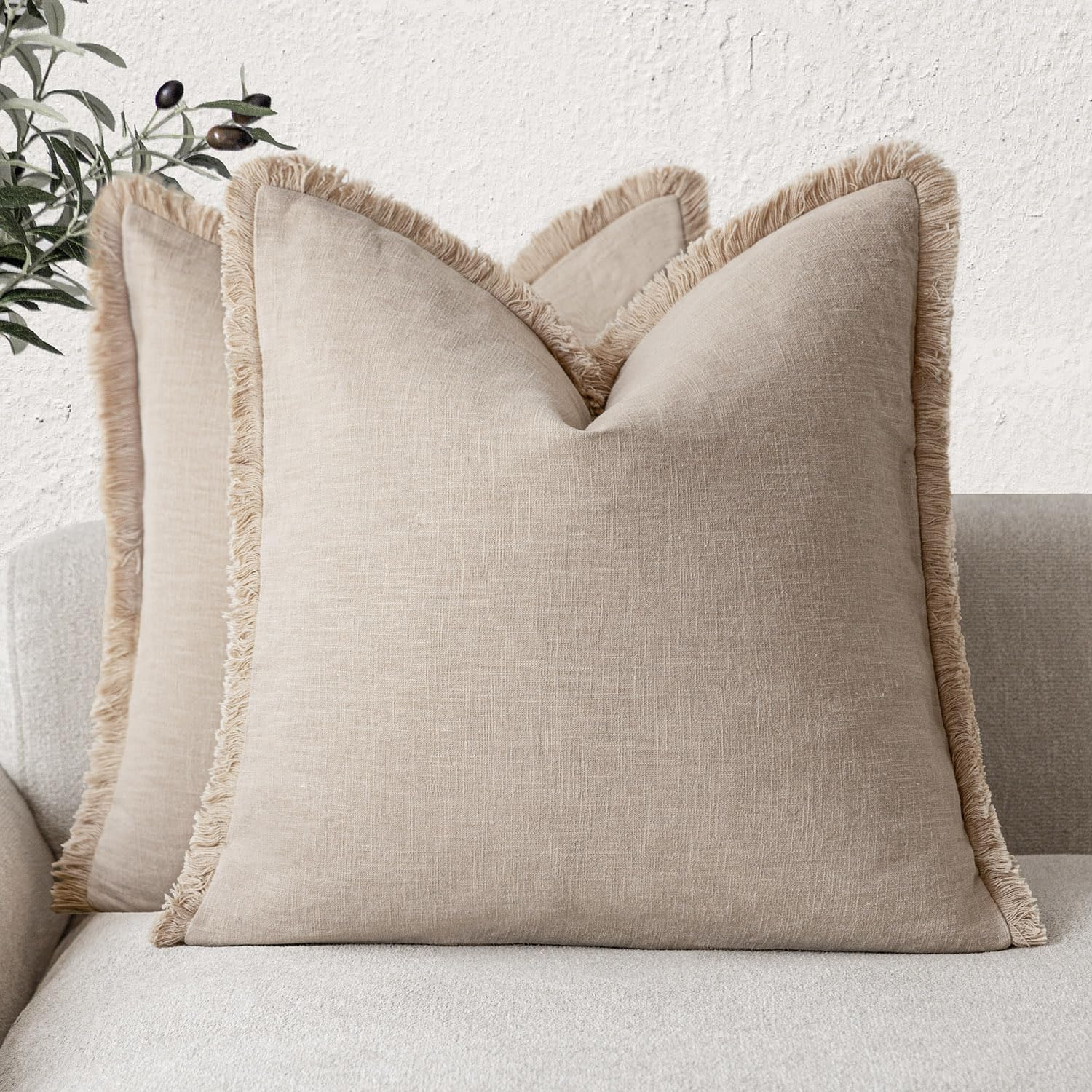 Foindtower Set of 2 Decorative Linen Fringe Throw Pillow Covers Boho Farmhouse Cushion Cover with Tassels Soft Accent Pillowcase for Couch Chair Sofa Bed Living Room Home Decor,20×20 Inch,Sky Blue