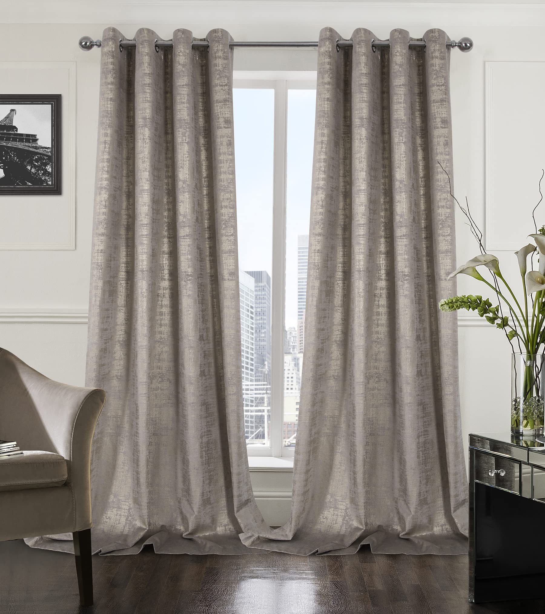 Mocha Velvet 108" Long Curtains with Gold Foil Print Set of 2 Luxury Window Treatments
