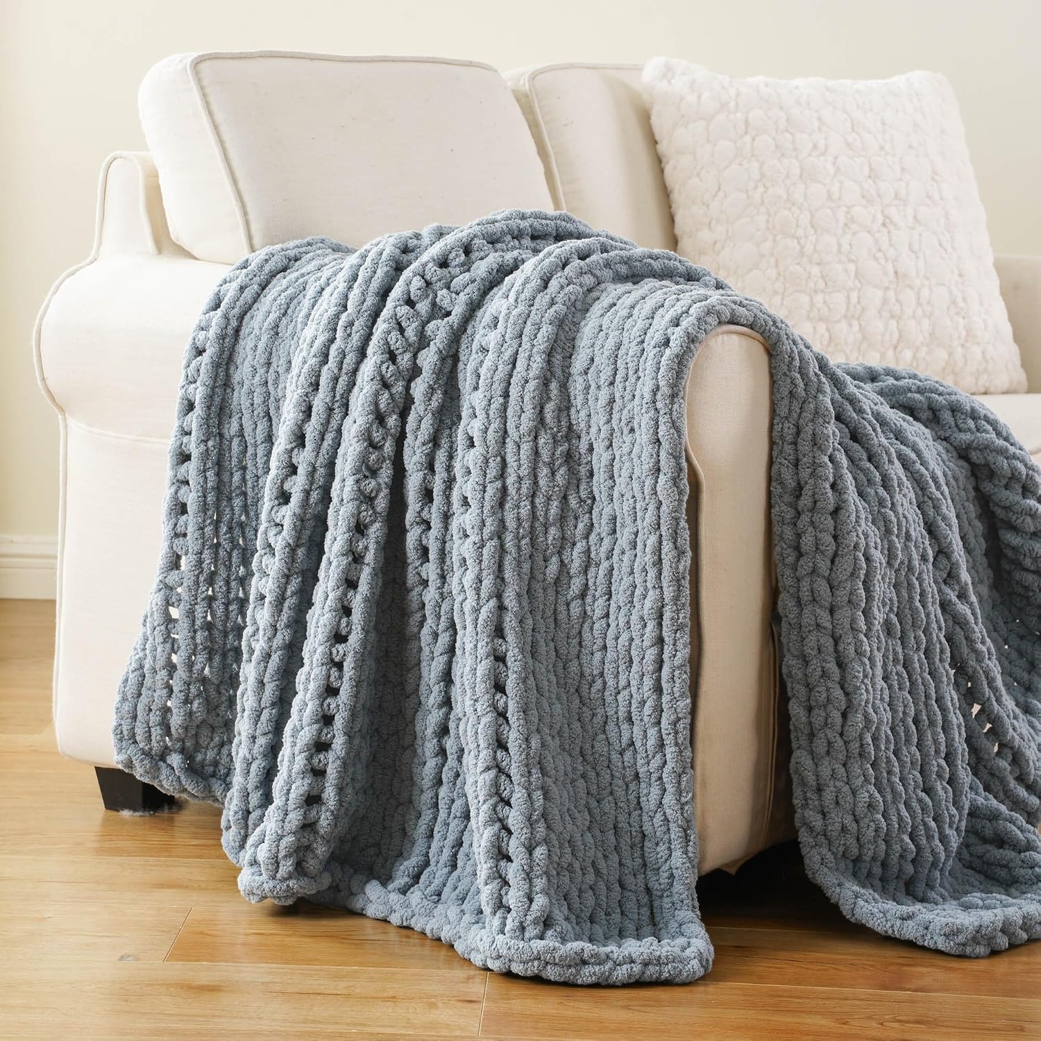 Battilo Chunky Knit Throw Blanket for Couch, Soft and Thick Chenille Throw Blanket, 50"x60" Handmade Cable Knit Crochet Blanket, Bluish Grey Knot Knitted Throw Blankets for Home Decor, Bluish Grey