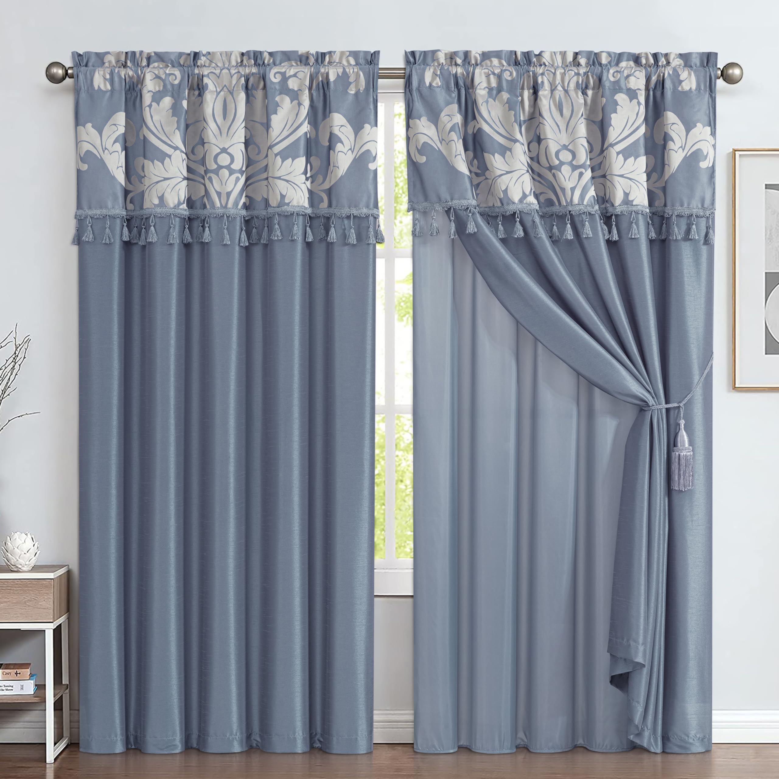 Chezmoi Collection Royale 4-Piece Jacquard Floral Window Curtain/Drape Set with Sheer Backing Valance Tassels, Champagne
