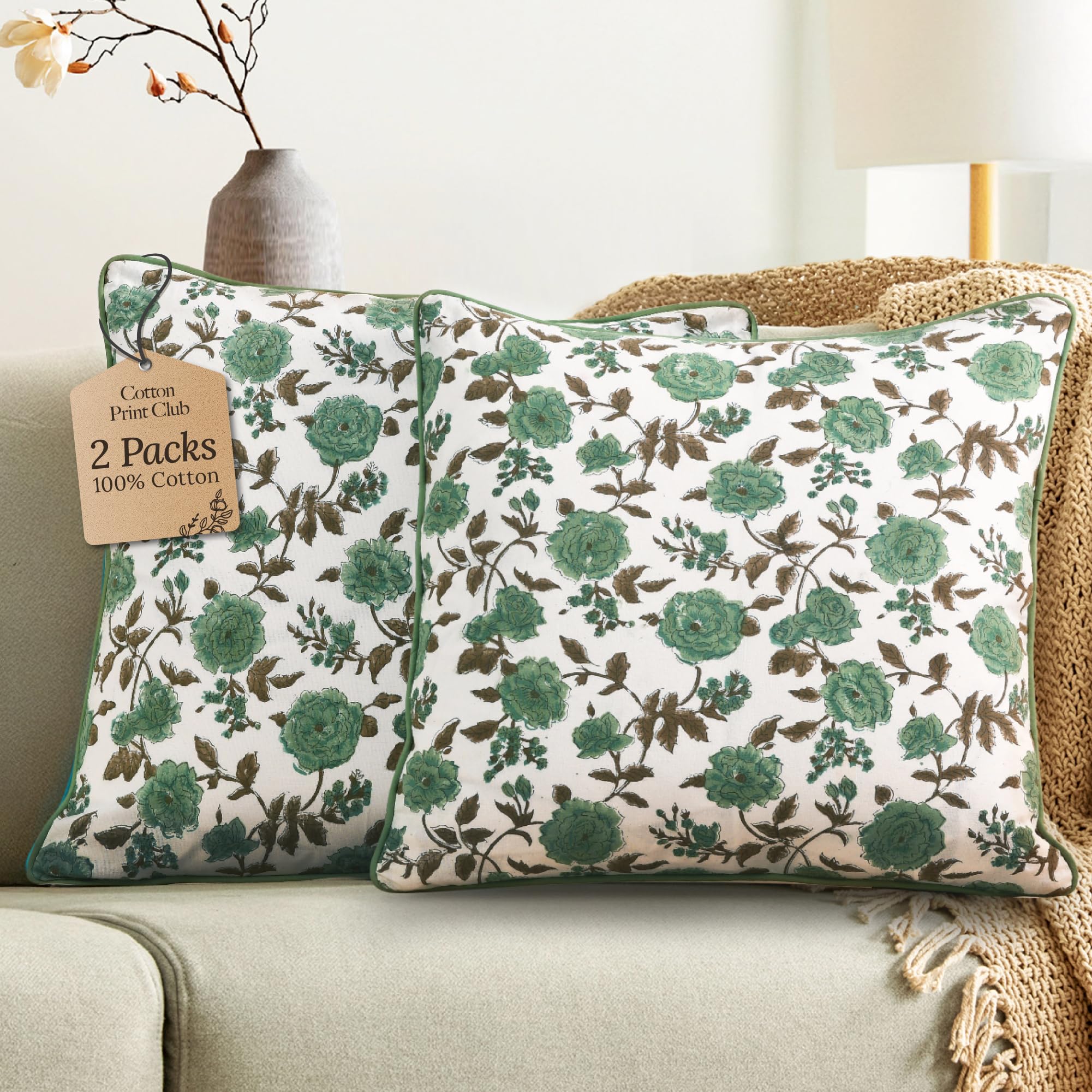 CPC 100% Cotton Throw Pillow Covers 24x24 Inch, Set of 2 Green Block Print Pattern Couch Pillow, Cute Boho Decorative Pillows for Living Room, Bedroom with Hidden Zipper- Emerald Green
