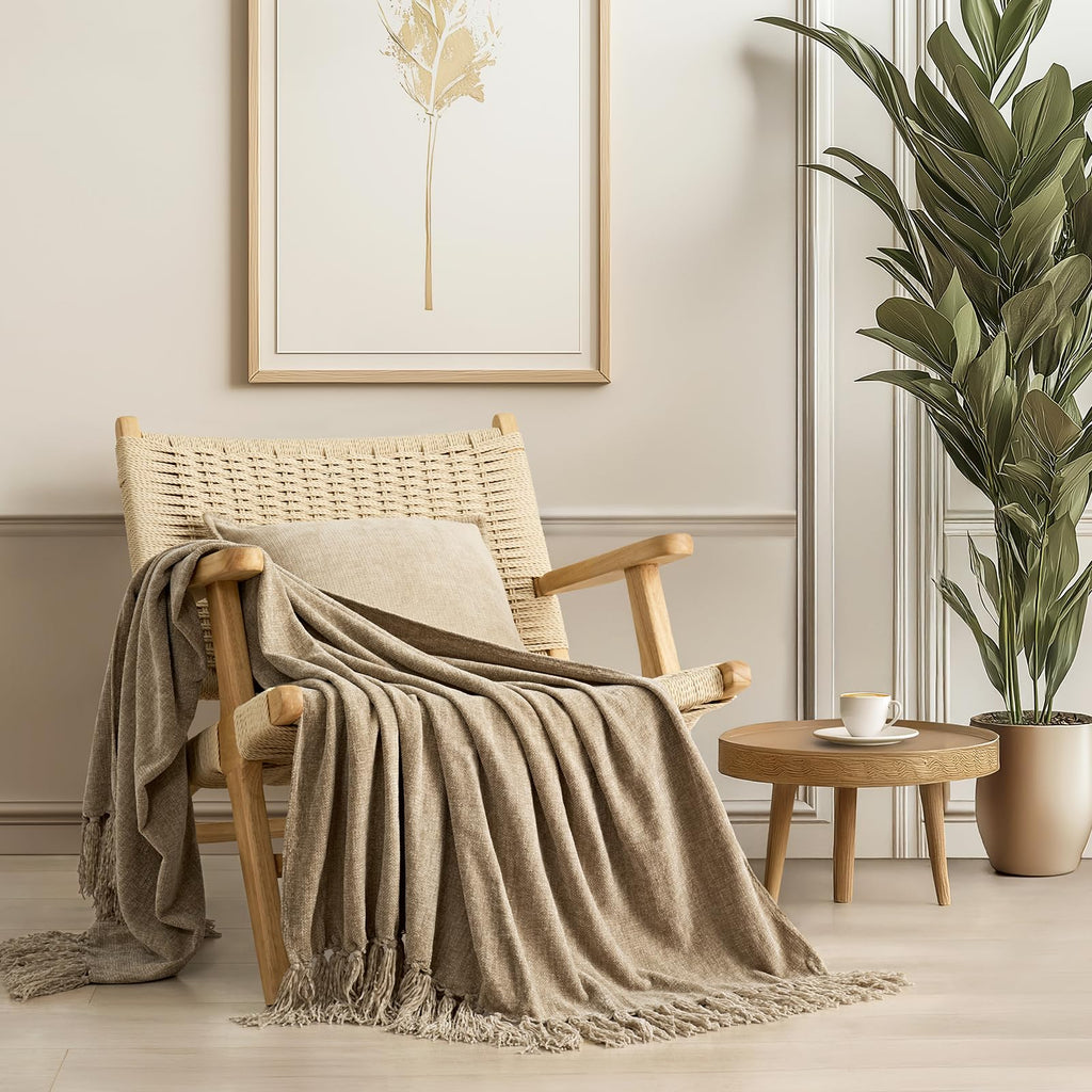 EverGrace Soft Chenille Bed Blanket Queen Size for Bed, Cozy Plush Fuzzy Lightweight Decorative Chenille Knit Throw Blanket with Tassels for Couch Sofa Gift Home Decor, Taupe 90"x90"