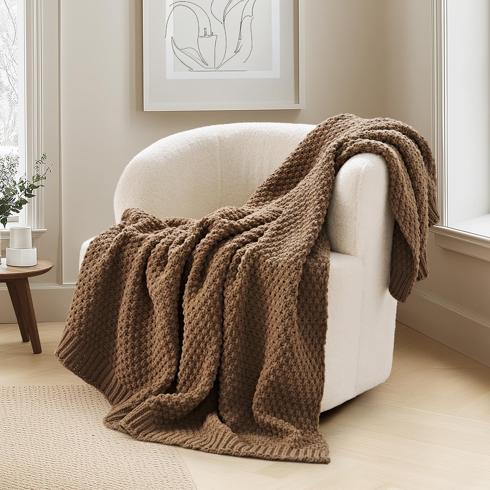 EVERGRACEHOME Chunky Chenille Knit Throw Blanket for Couch, Soft Luxurious Moss Stitch Blankets for Bed, Cozy Decorative Farmhouse Knitted Throws for Sofa, Mocha Brown, 50" x 60"
