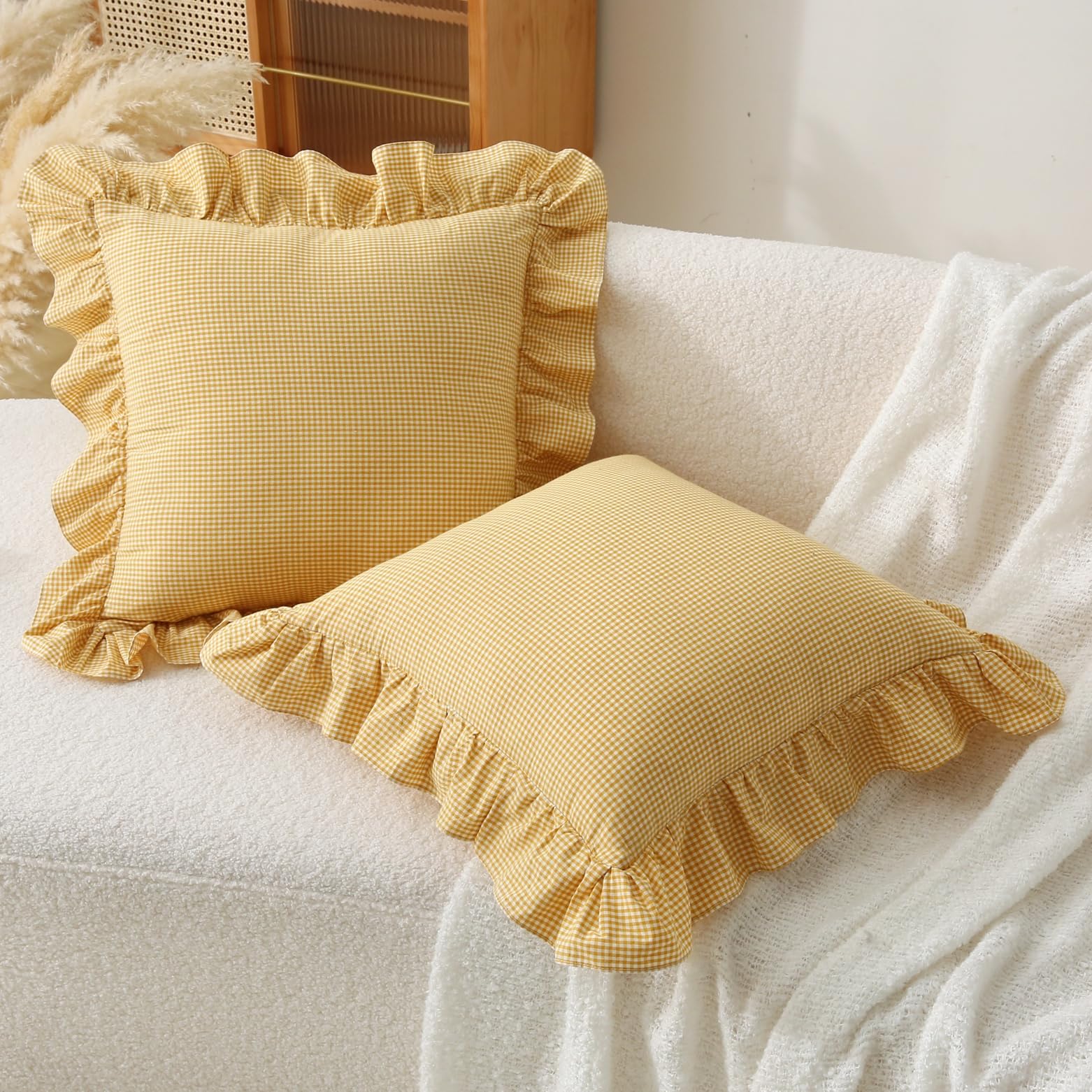 18x18 Taupe White Checkered Cotton Pillow Covers Ruffle Trim Zipper Decor Cushion Cases Set of 2