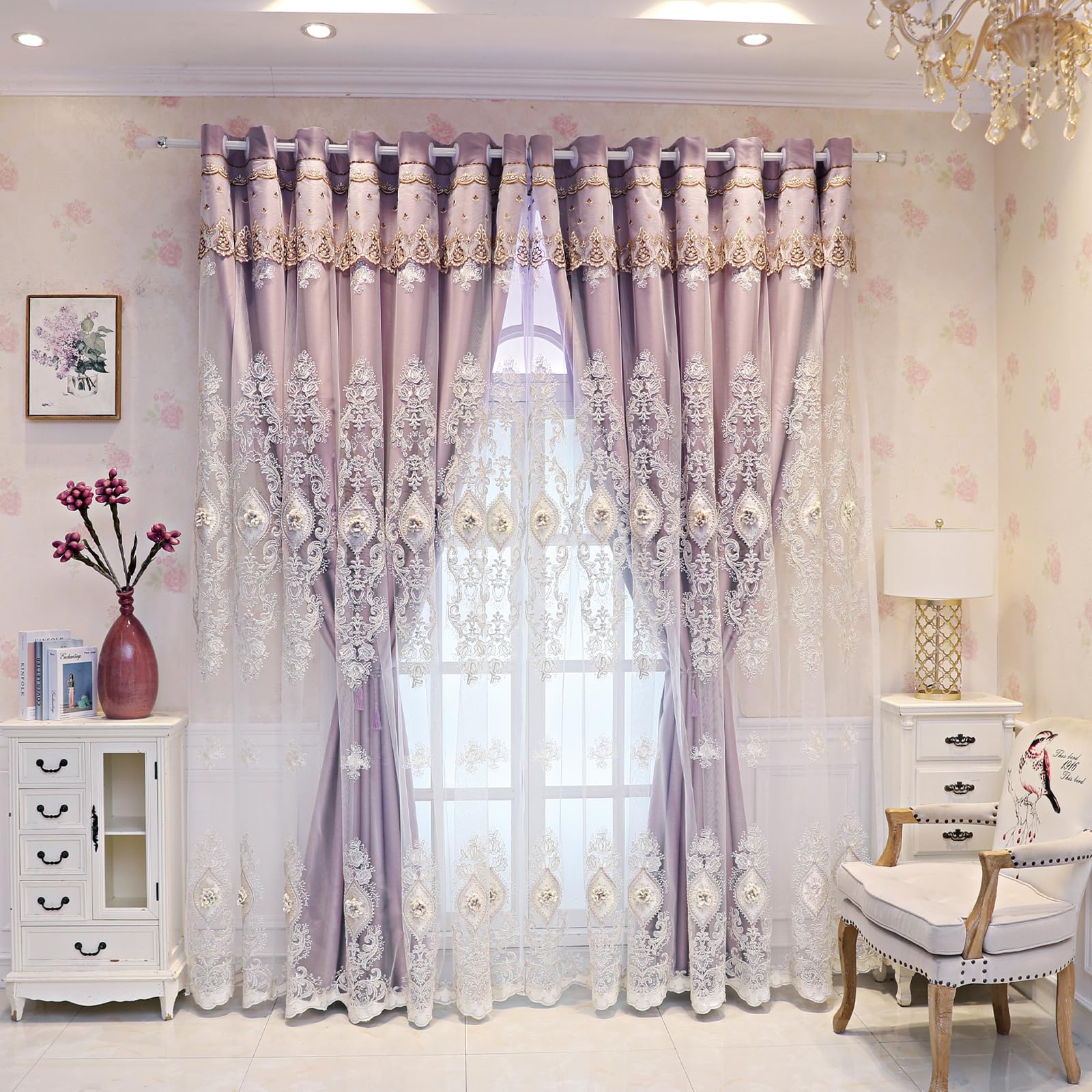 European Luxury 3D Relief Embroidery Curtains - Double-Layer Blackout Drapes, Flower Embroidered Sheer Yarn, for Living Room & Bedroom (1 Pair, Pink, W51 L84 inch)