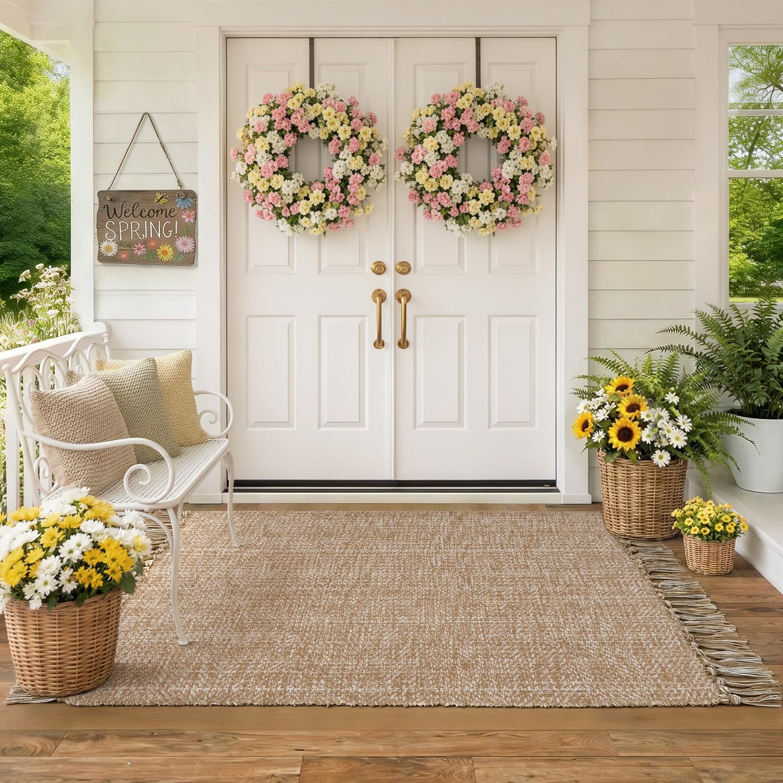 Collive Comfy Area Rug 4' x 6', Tan/Cream Woven Cotton Bedroom Rugs, Modern Indoor Accent Rug Floor Carpet with Tassel for Living Room, Nursery Room, Dining Room, Bedside, Office, Patio Decor