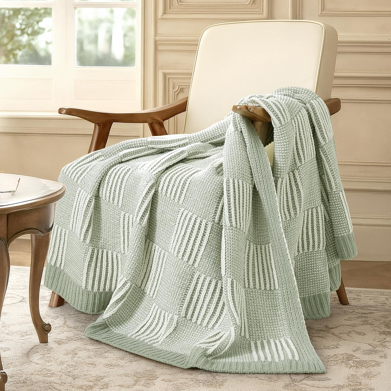 Sage Green Chunky Chenille Knit Throw Blanket 50x60 Inch Checkered Decor Blanket for Couch Bed