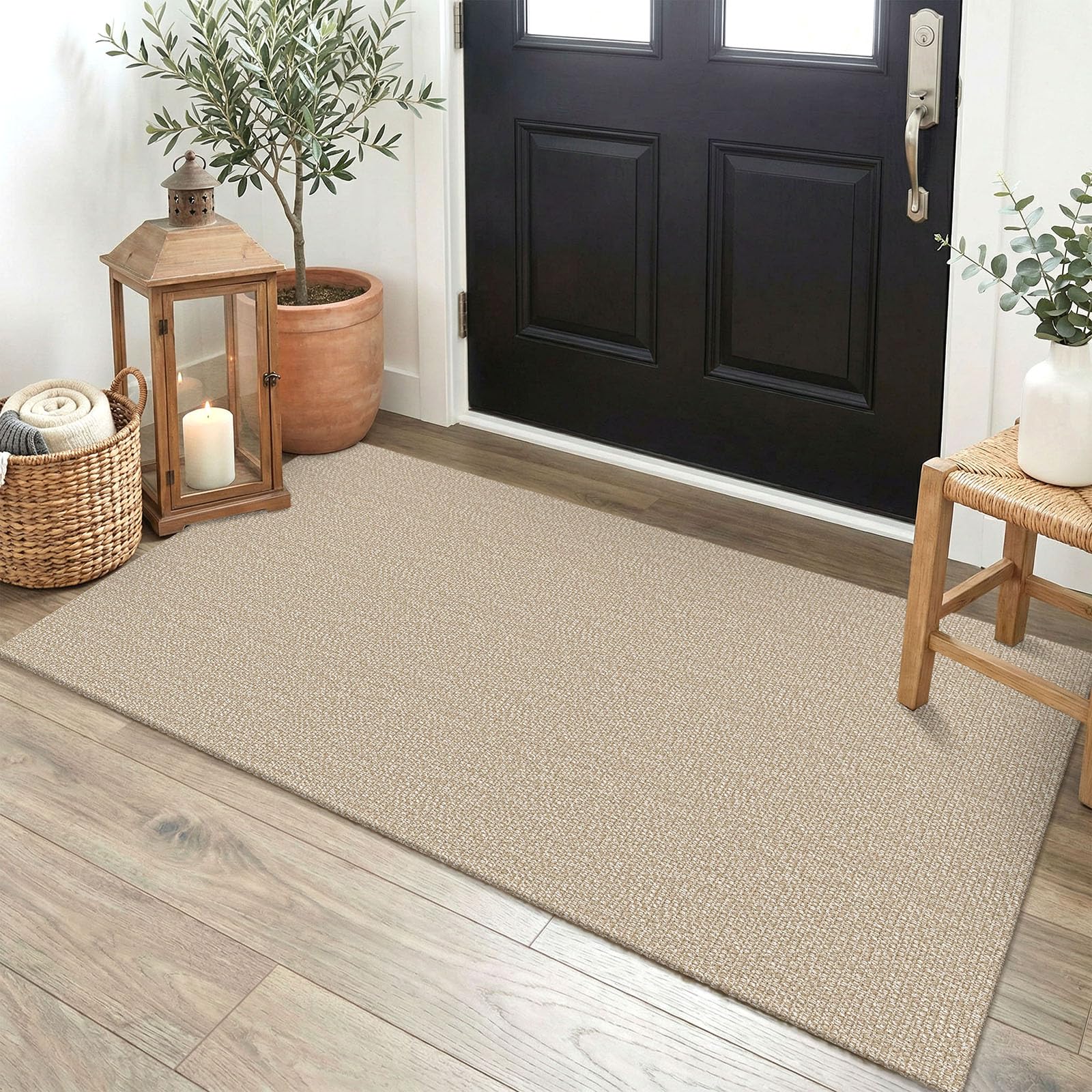EARTHALL Washable Area Rug 4x6 Ft Non Slip Rugs for Entryway Braided Rubber Backed Bedroom Carpet Cotton Entry Rug Woven Floor Carpets for Bedroom Dining Room Living Room, Send/Beige