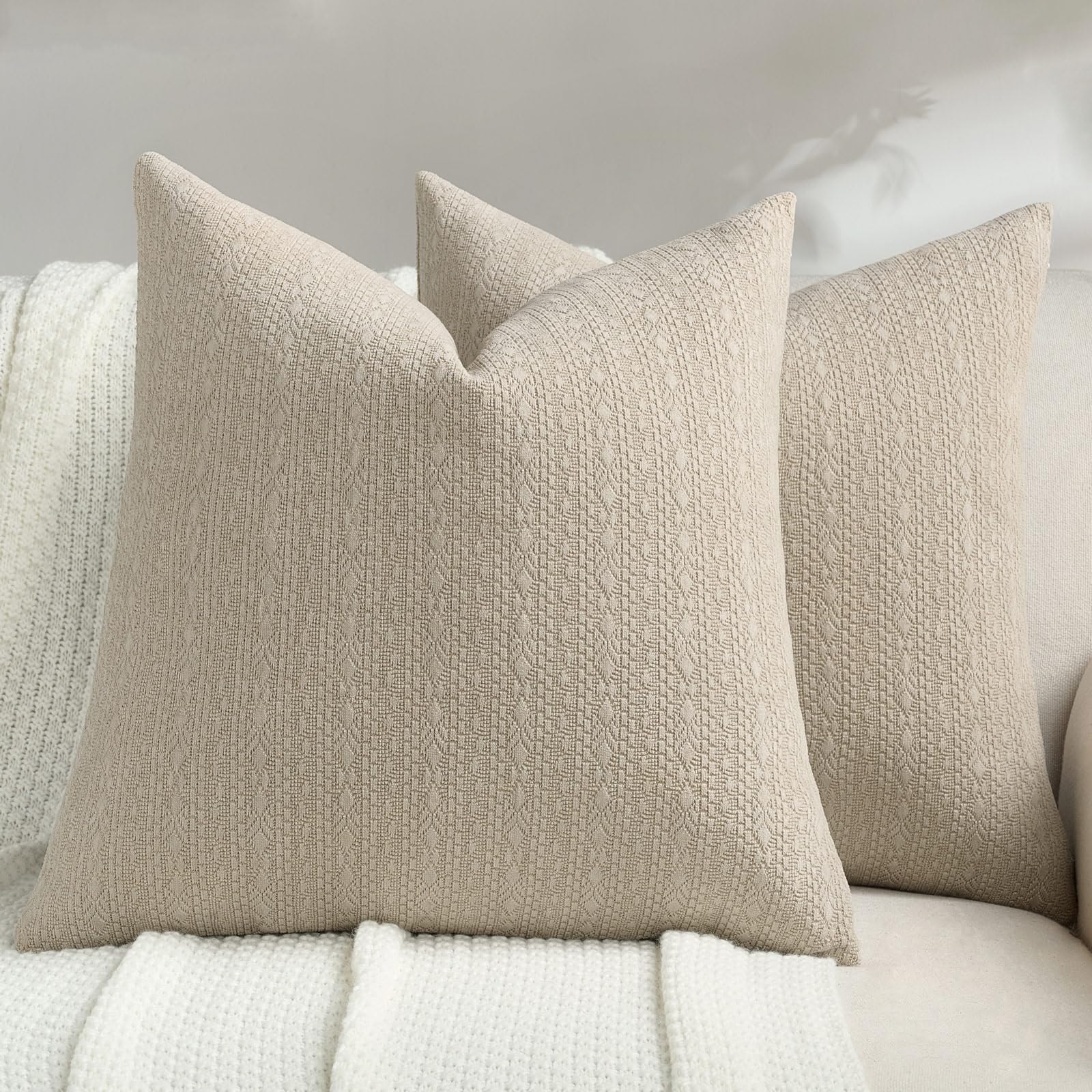 FUTEI Pack of 2 Solid Chenille Throw Pillow Covers 18x18 Inch Soft Farmhouse Decorative Accent Cushion Cases Modern Home Decor for Couch Living Room, Cream