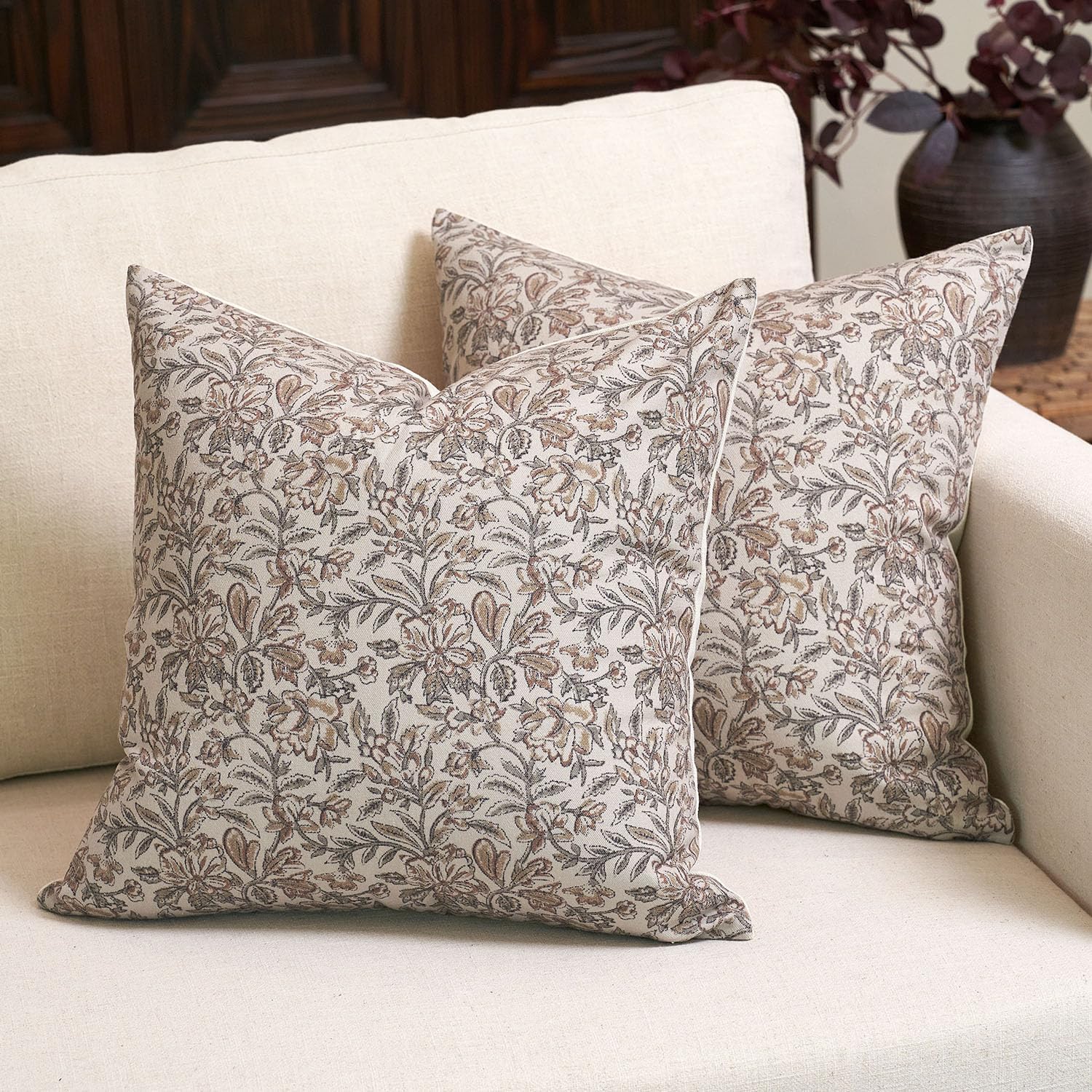 Amor Virisso Floral Throw Pillow Covers 20x20 Set of 2 Vintage Block Print Pillow Covers Decorative Pillow Covers Couch Pillows for Living Room Farmhouse Accent Sofa Pillows, Red/Sand